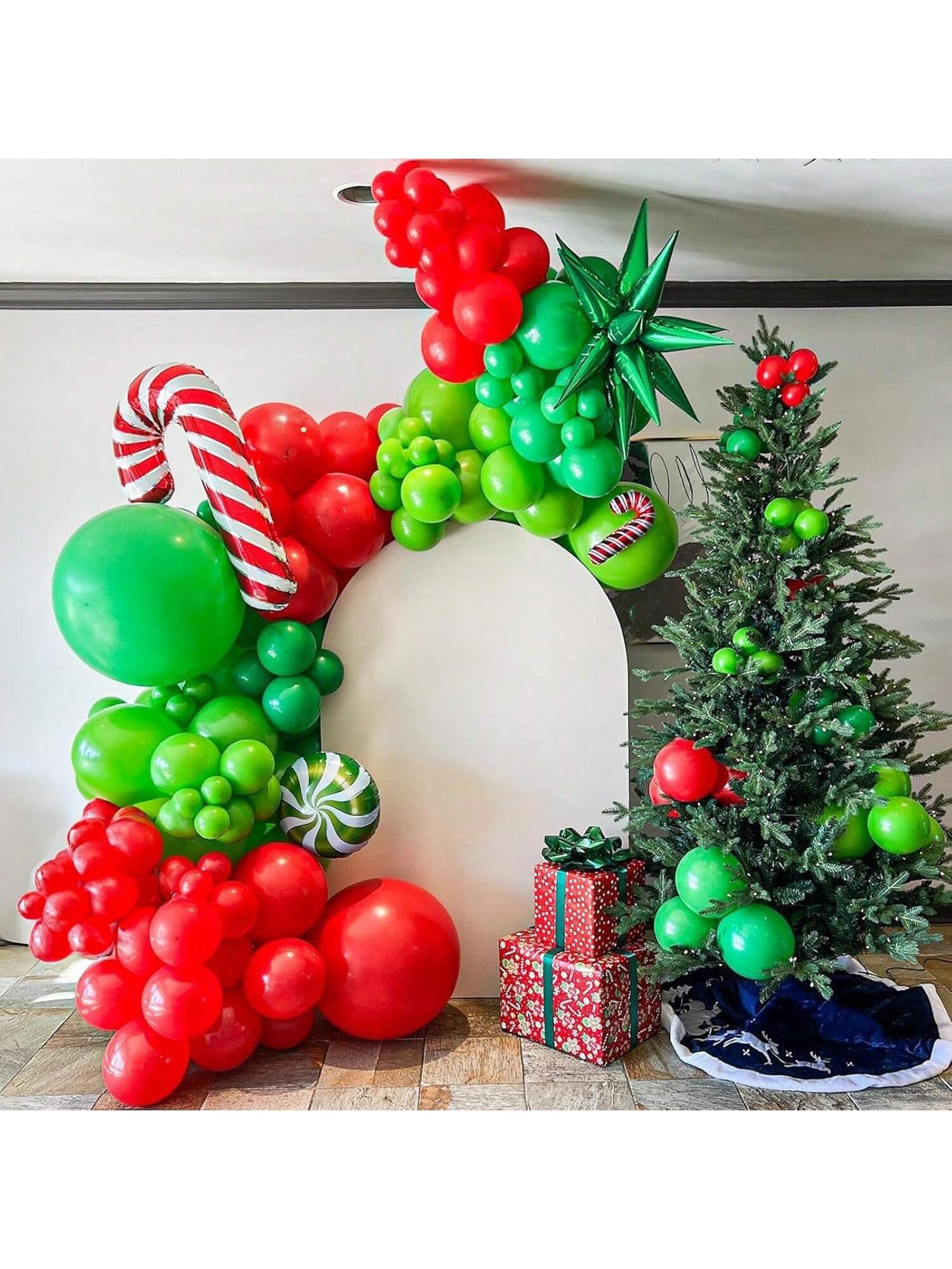 143PCS Christmas Balloon Garland Kit With Lime Green, Dark Green, Red, And Gold Balloons, Candy Cane Foil, And Explosion Star Balloons For Xmas, Ugly Sweater, And Friendsmas Decor -