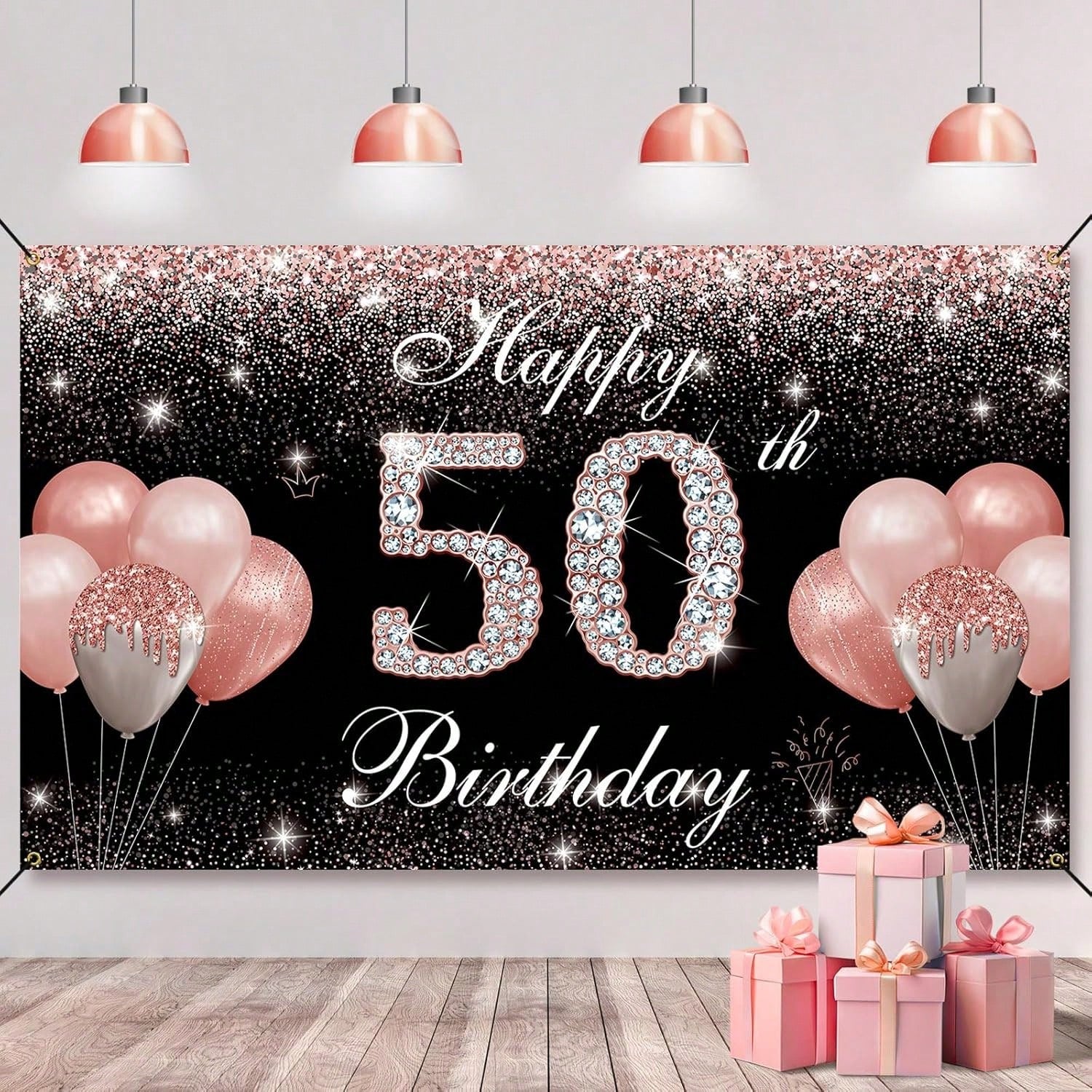 Rose Gold 50th Birthday Banner and Backdrop with Photo Props and Yard Sign Decor