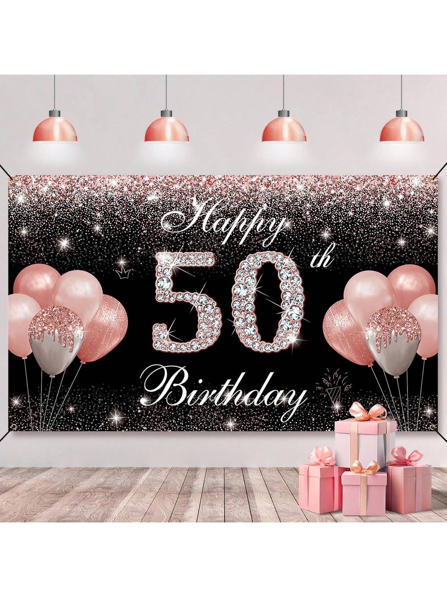 Rose Gold 50th Birthday Banner and Backdrop with Photo Props and Yard Sign Decor