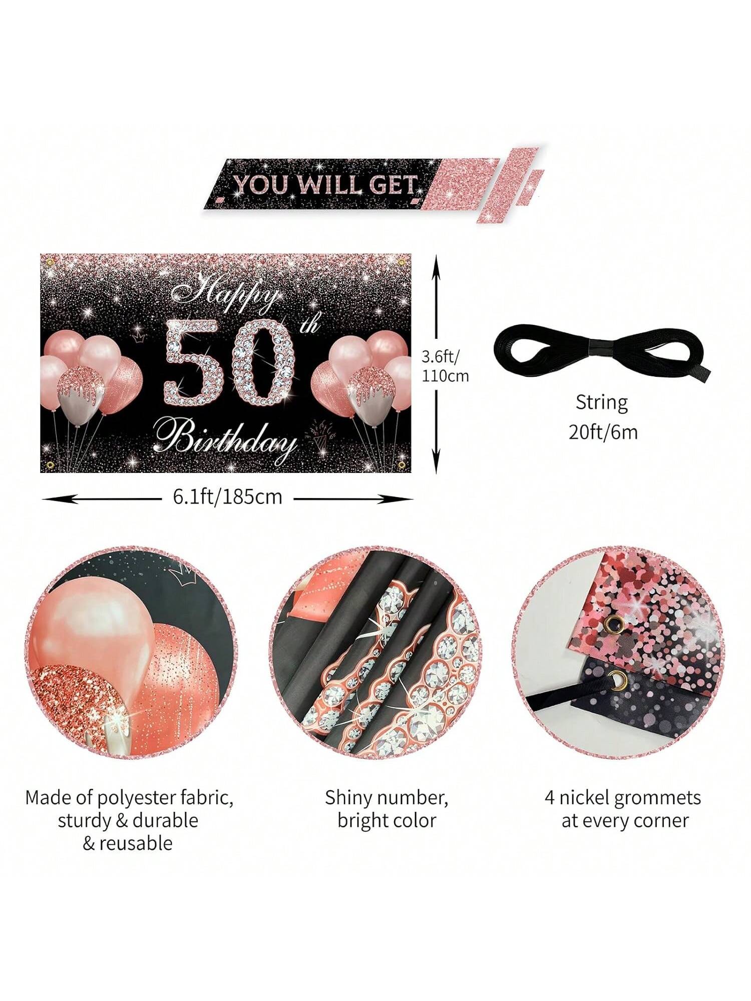 Rose Gold 50th Birthday Banner and Backdrop with Photo Props and Yard Sign Decor