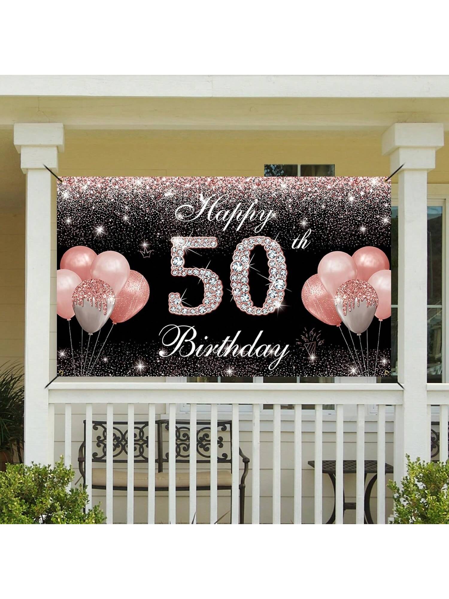 Rose Gold 50th Birthday Banner and Backdrop with Photo Props and Yard Sign Decor