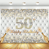 White Gold 50th Birthday Backdrop 7x5ft Diamonds Crystals Champagne Banner