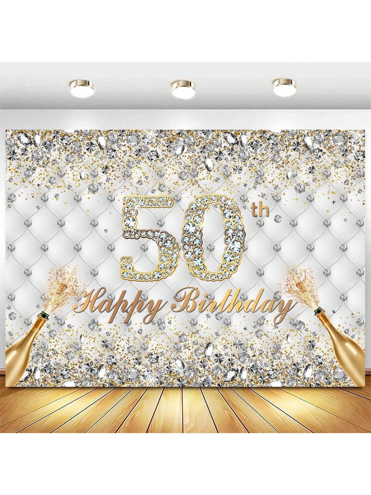 White Gold 50th Birthday Backdrop 7x5ft Diamonds Crystals Champagne Banner
