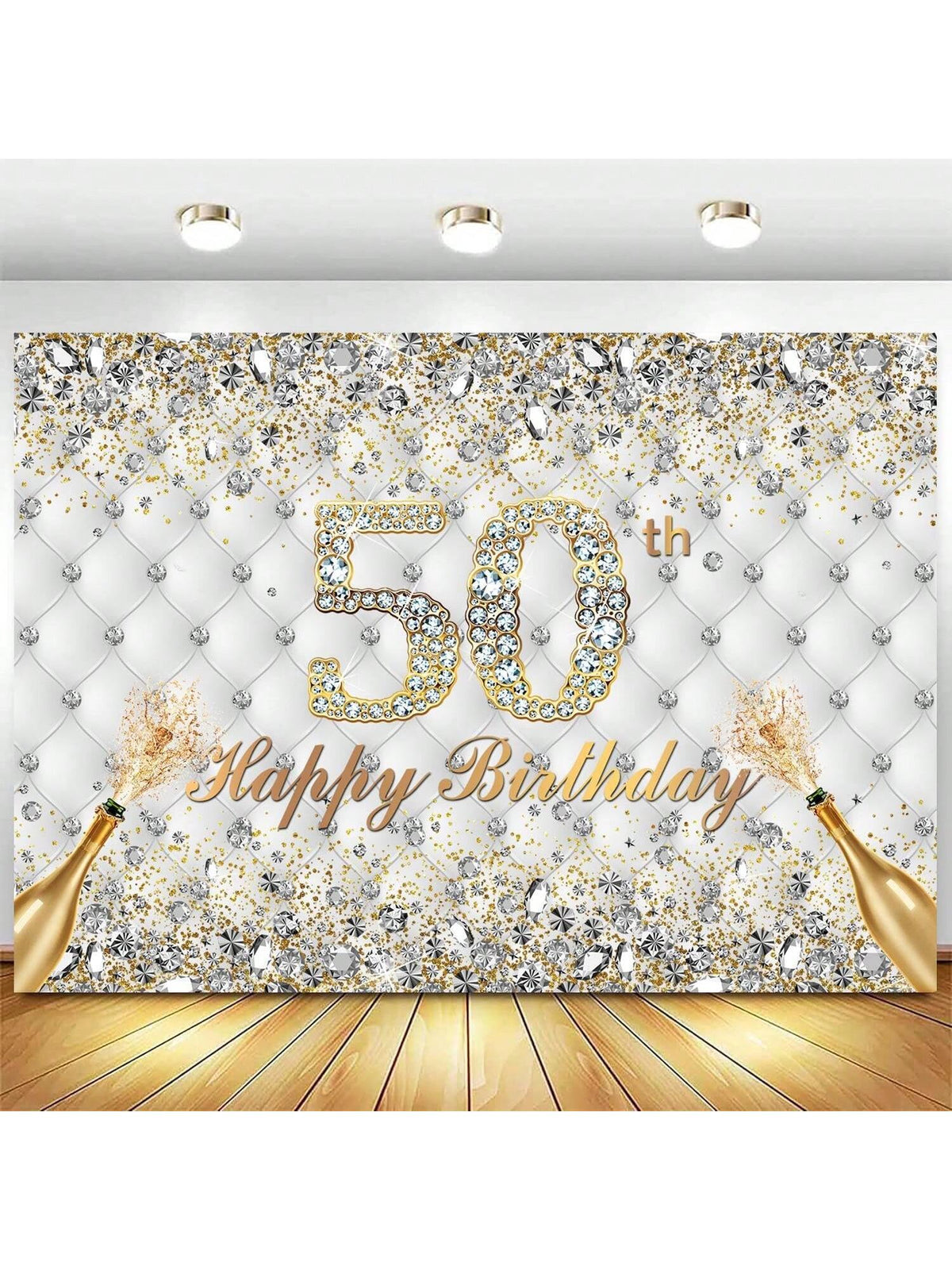 White Gold 50th Birthday Backdrop 7x5ft Diamonds Crystals Champagne Banner