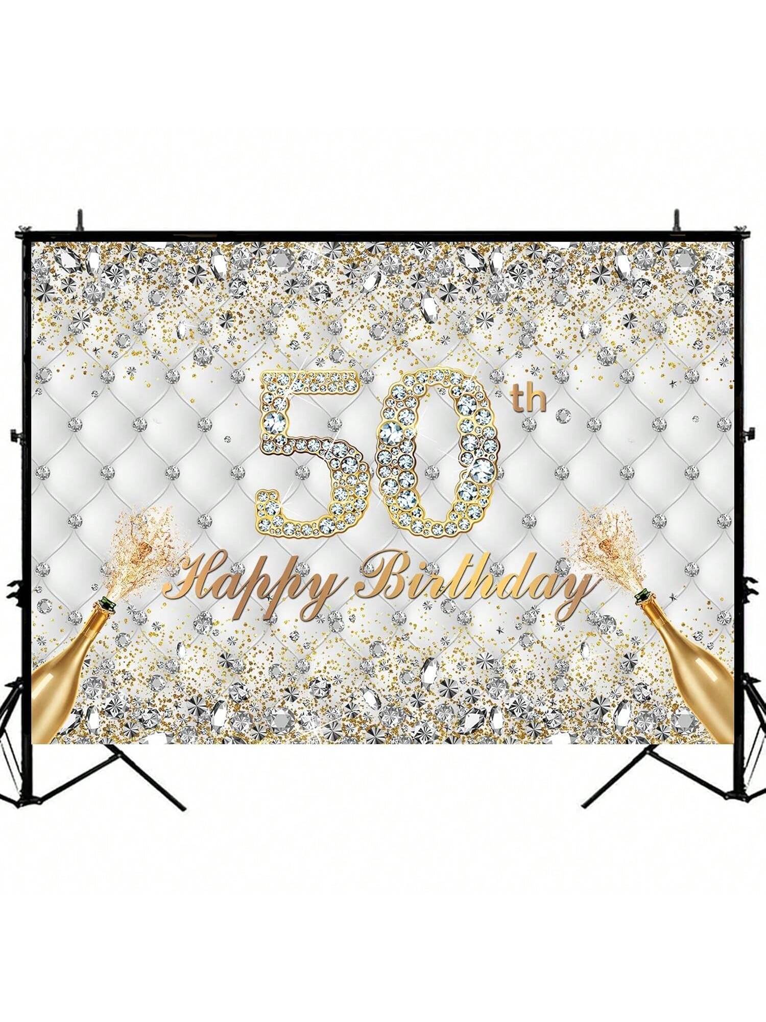 White Gold 50th Birthday Backdrop 7x5ft Diamonds Crystals Champagne Banner