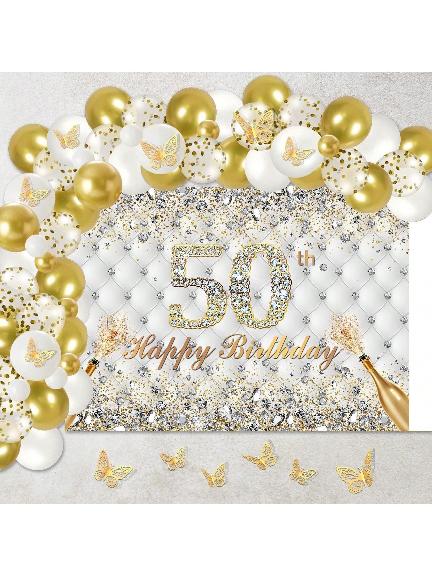 White Gold 50th Birthday Backdrop 7x5ft Diamonds Crystals Champagne Banner