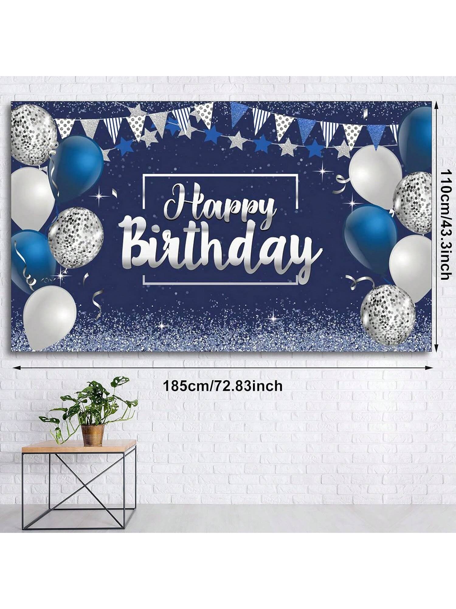 Happy Birthday Backdrop Glitter Banner 72.8x43.3 Silver Navy Party Decor