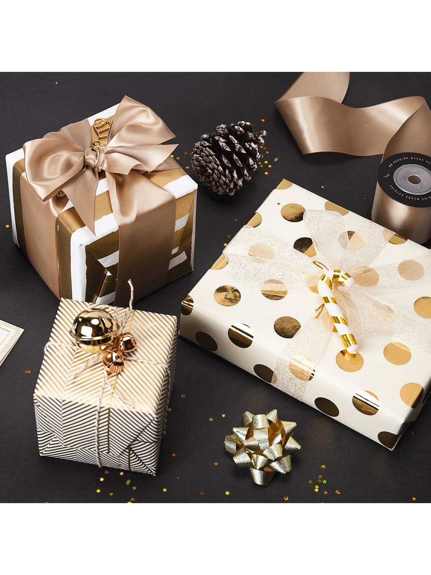 3 Rolls Jumbo Gold Wrapping Paper 30x120in for Birthday Holiday Wedding