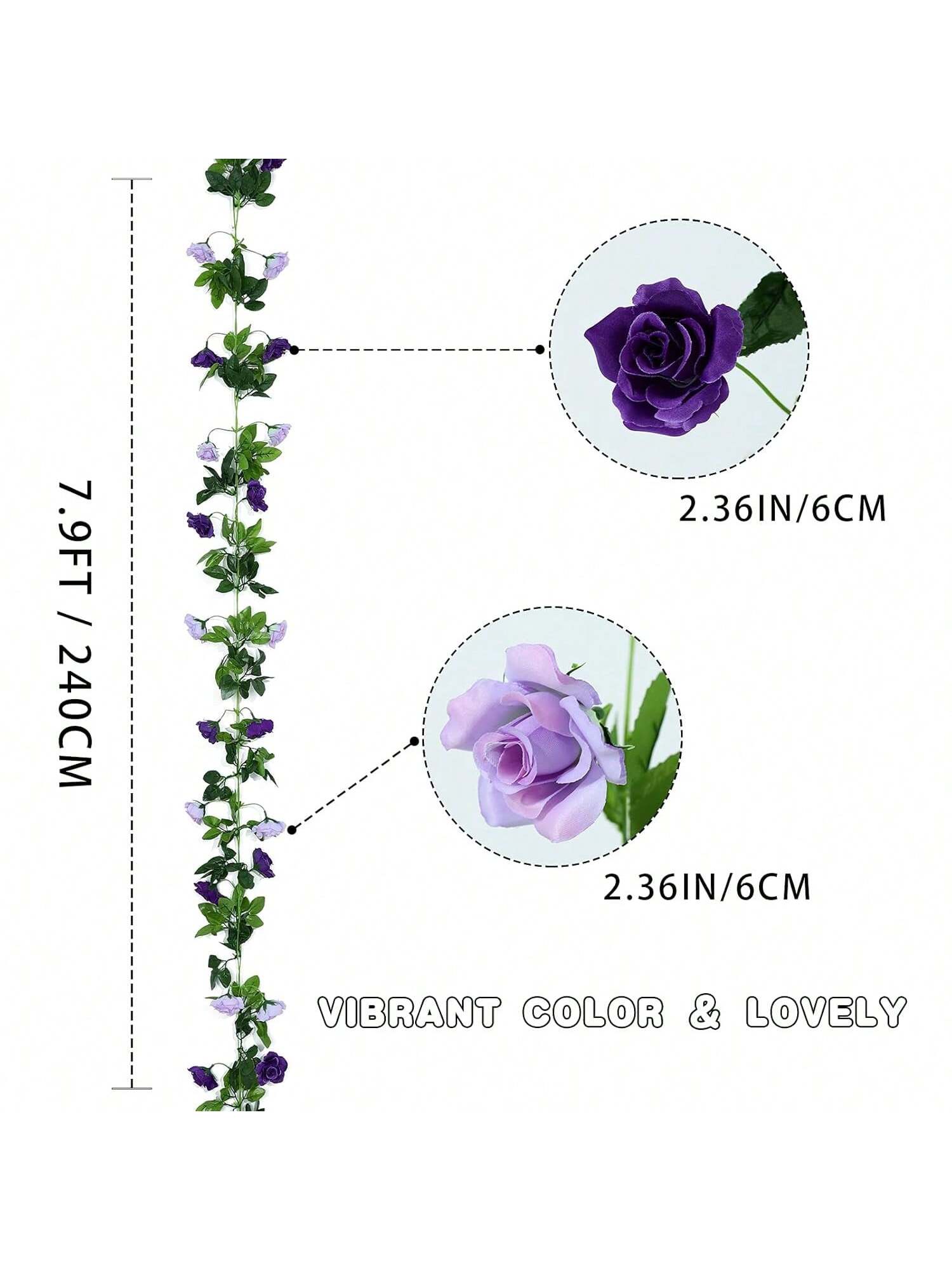 2 Pack Artificial Flower Garlands 15.8ft Purple Silk Roses for Decor