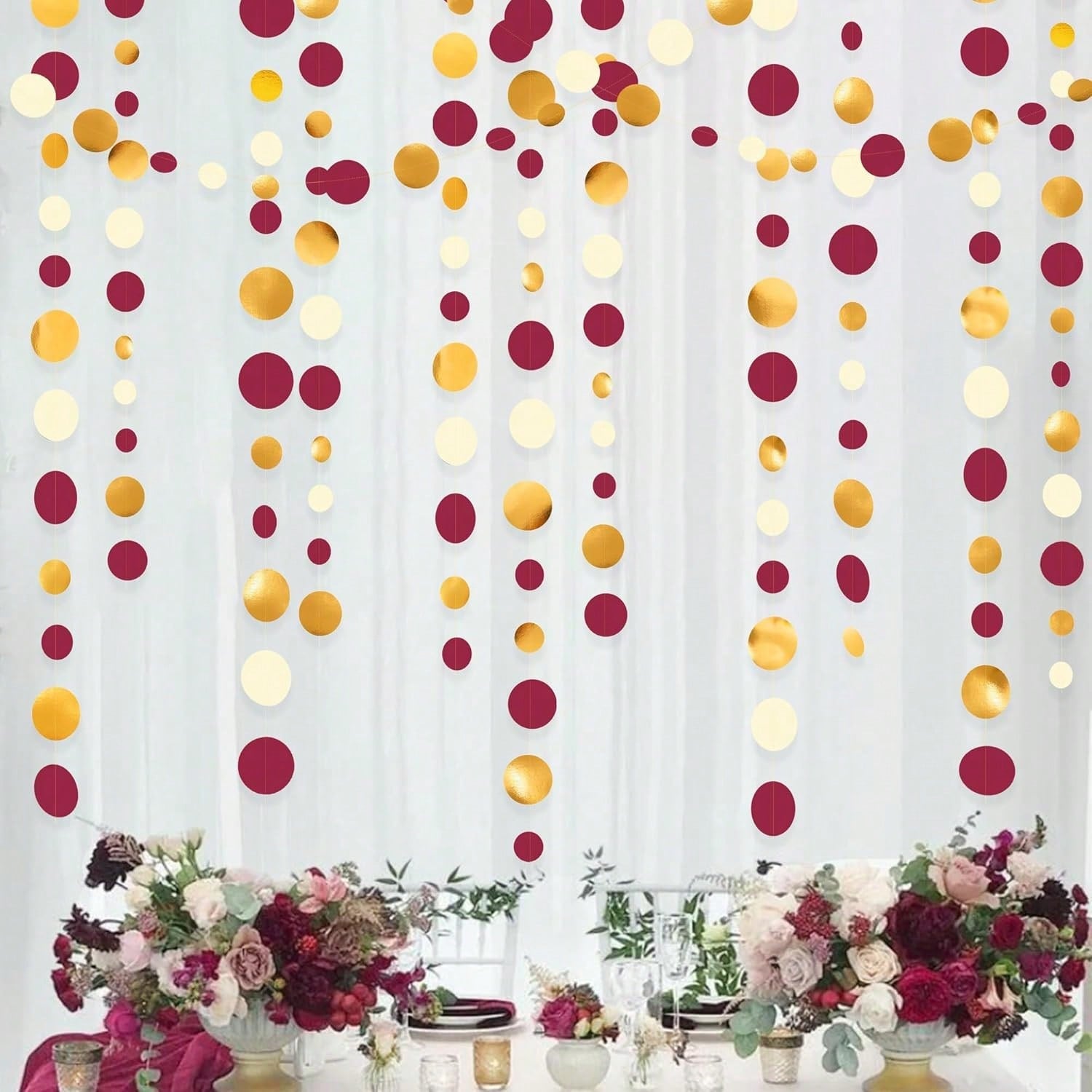 46ft Maroon Gold Polka Dot Garland Burgundy Circle Streamer Party Decor