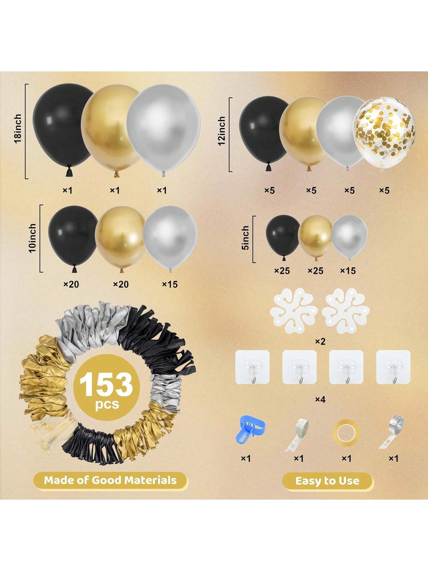153-Piece Black and Gold Balloon Garland Kit with Confetti Balloons for Party