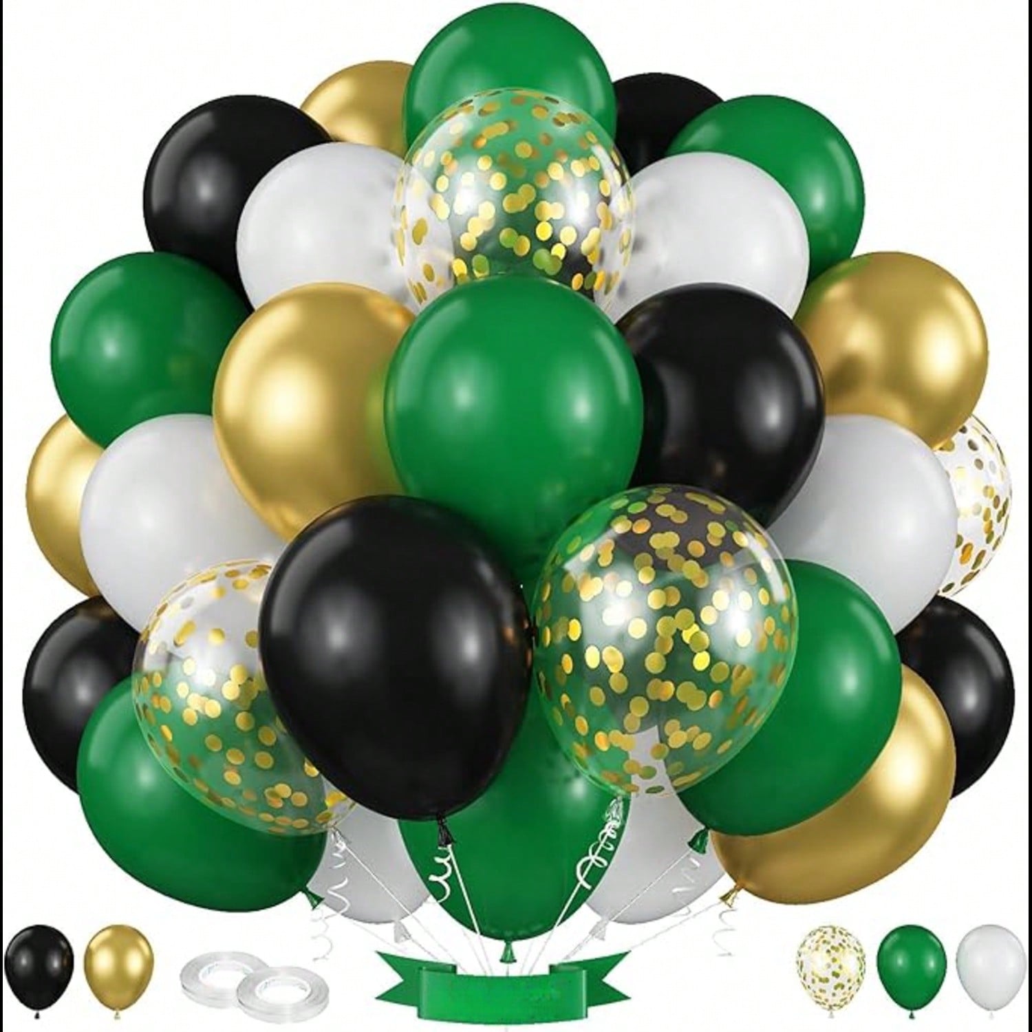 60-Pc Black Gold Green Balloons 12-Inch for Sports Parties and Holiday Decor