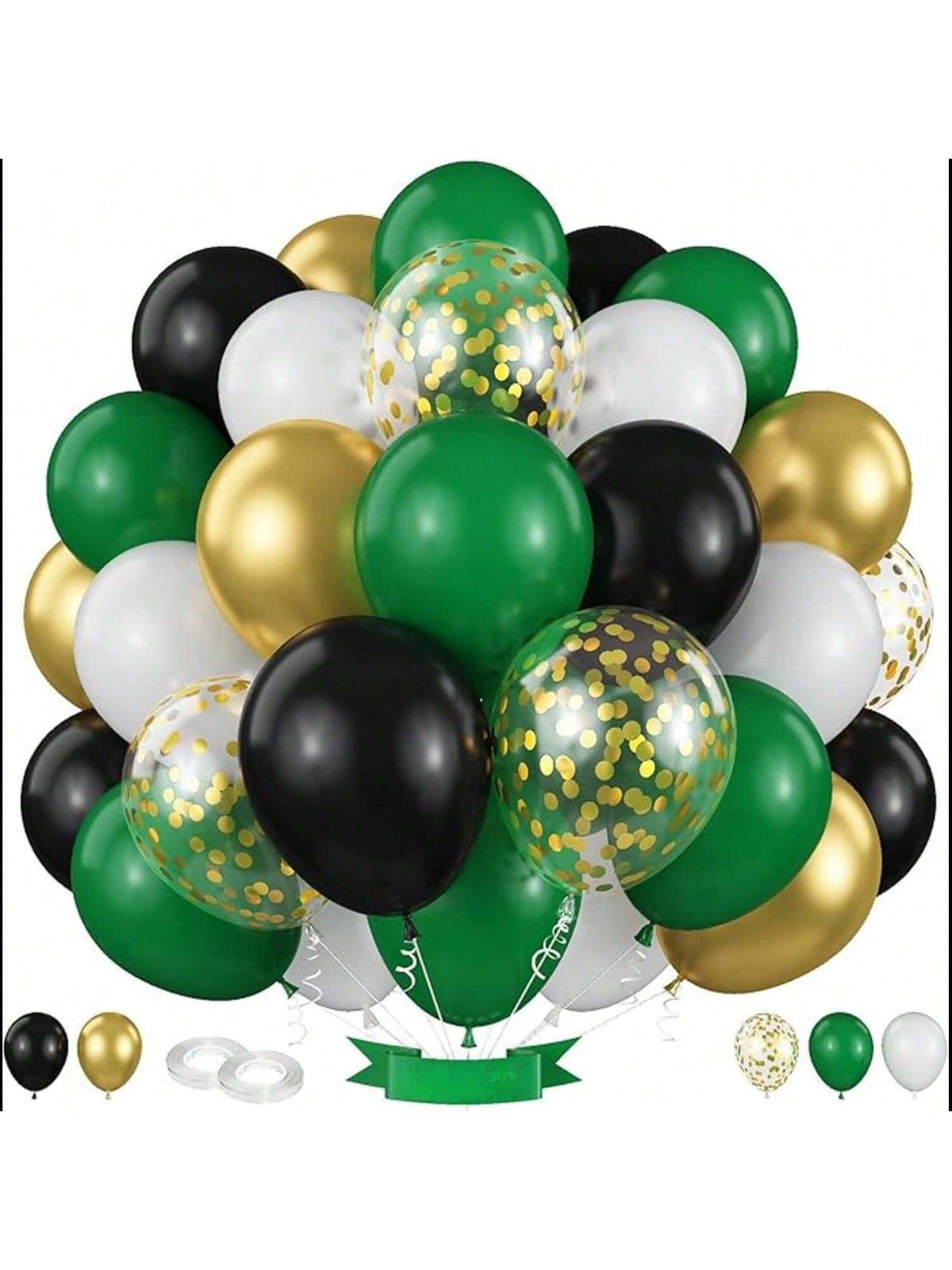 60-Pc Black Gold Green Balloons 12-Inch for Sports Parties and Holiday Decor