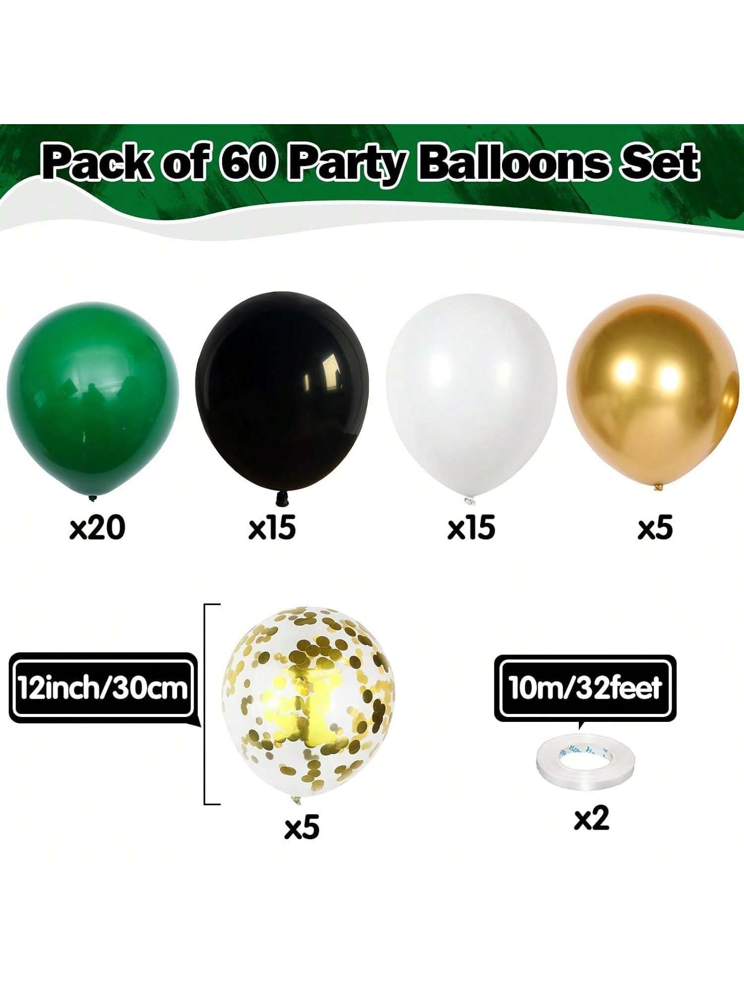 60-Pc Black Gold Green Balloons 12-Inch for Sports Parties and Holiday Decor