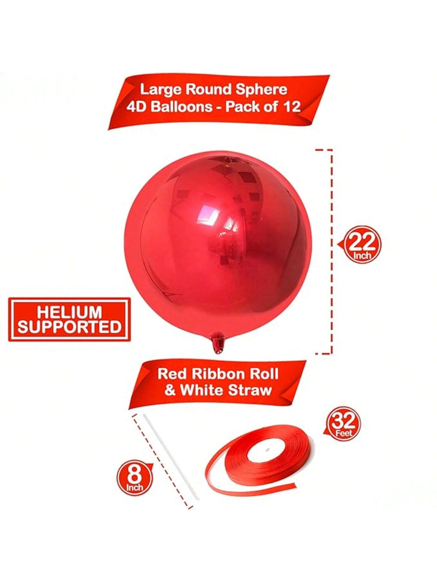 12pcs 22" Metallic Red 4D Sphere Balloons for Christmas Parties