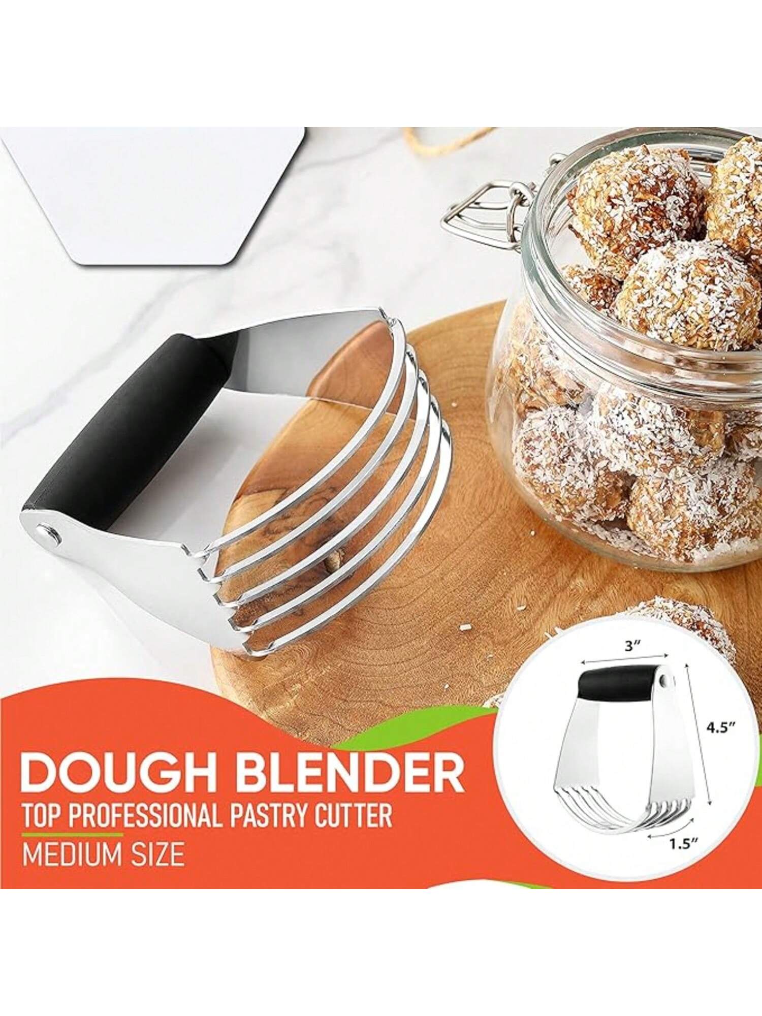 Professional Dough Blender Pastry Cutter with Stainless Steel Blades and Black Handle