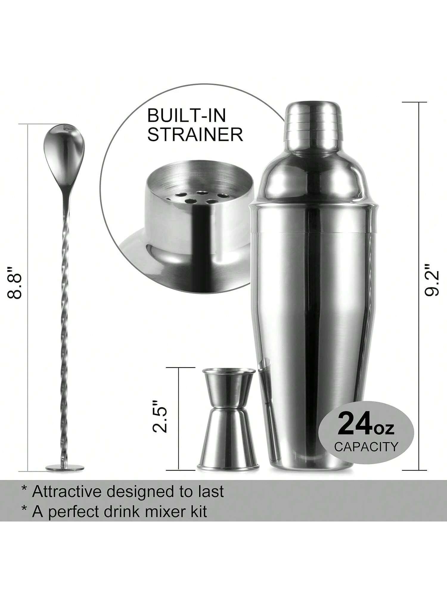 24oz Stainless Steel Cocktail Shaker Set with Jigger Spoon and Strainer