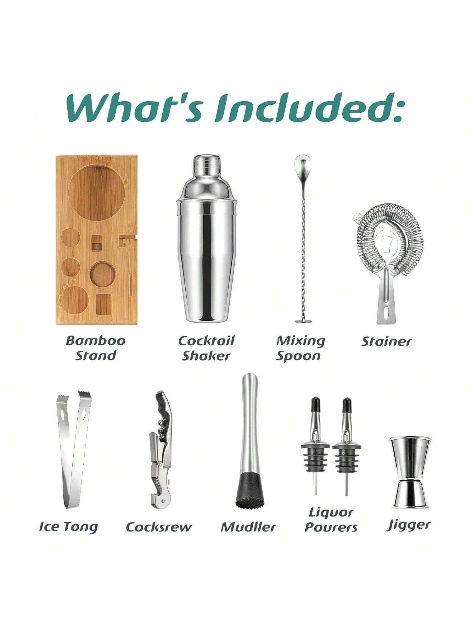 10-Piece Cocktail Shaker Set with Bamboo Stand and Barware Tools