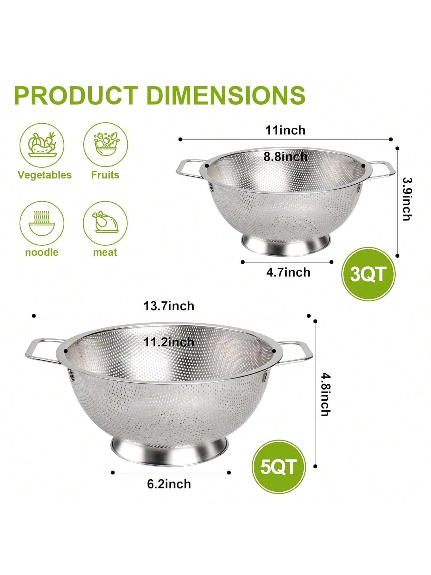 3-Quart Stainless Colander Dishwasher-Safe Metal Strainer For Draining & Prep