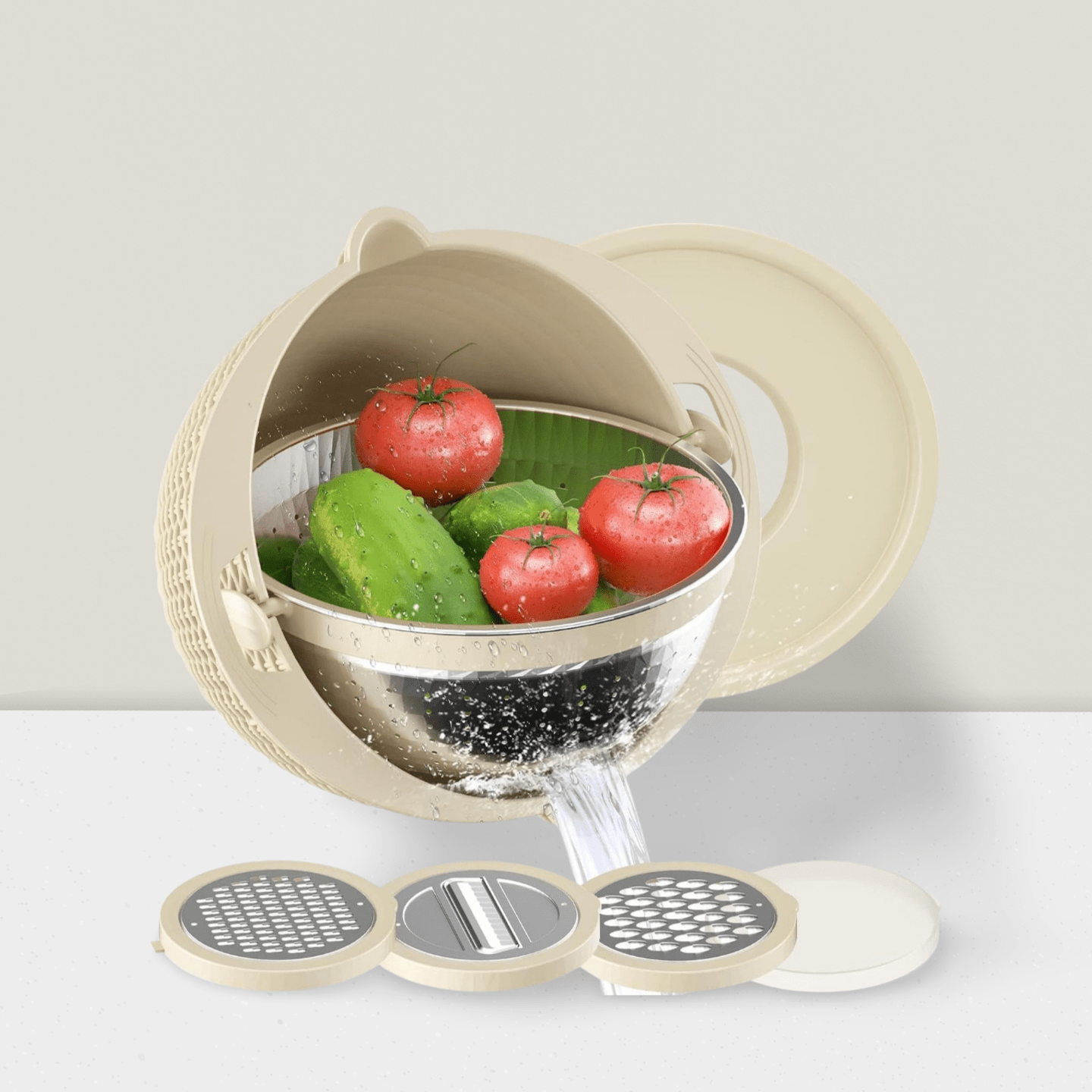 4-in-1 Rotatable Colander with Bowl Set for Pasta Rice Fruits Veggies Beige