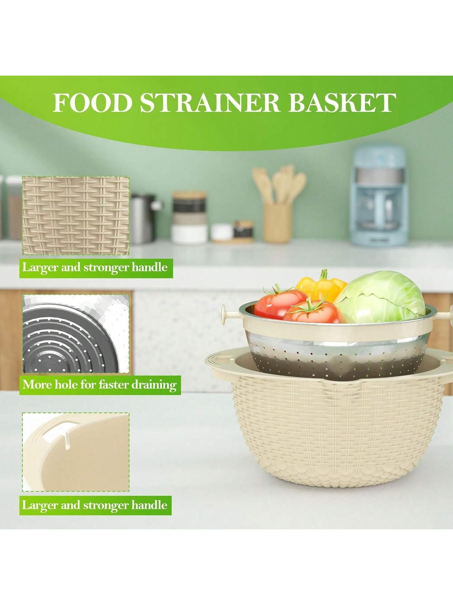 4-in-1 Rotatable Colander with Bowl Set for Pasta Rice Fruits Veggies Beige