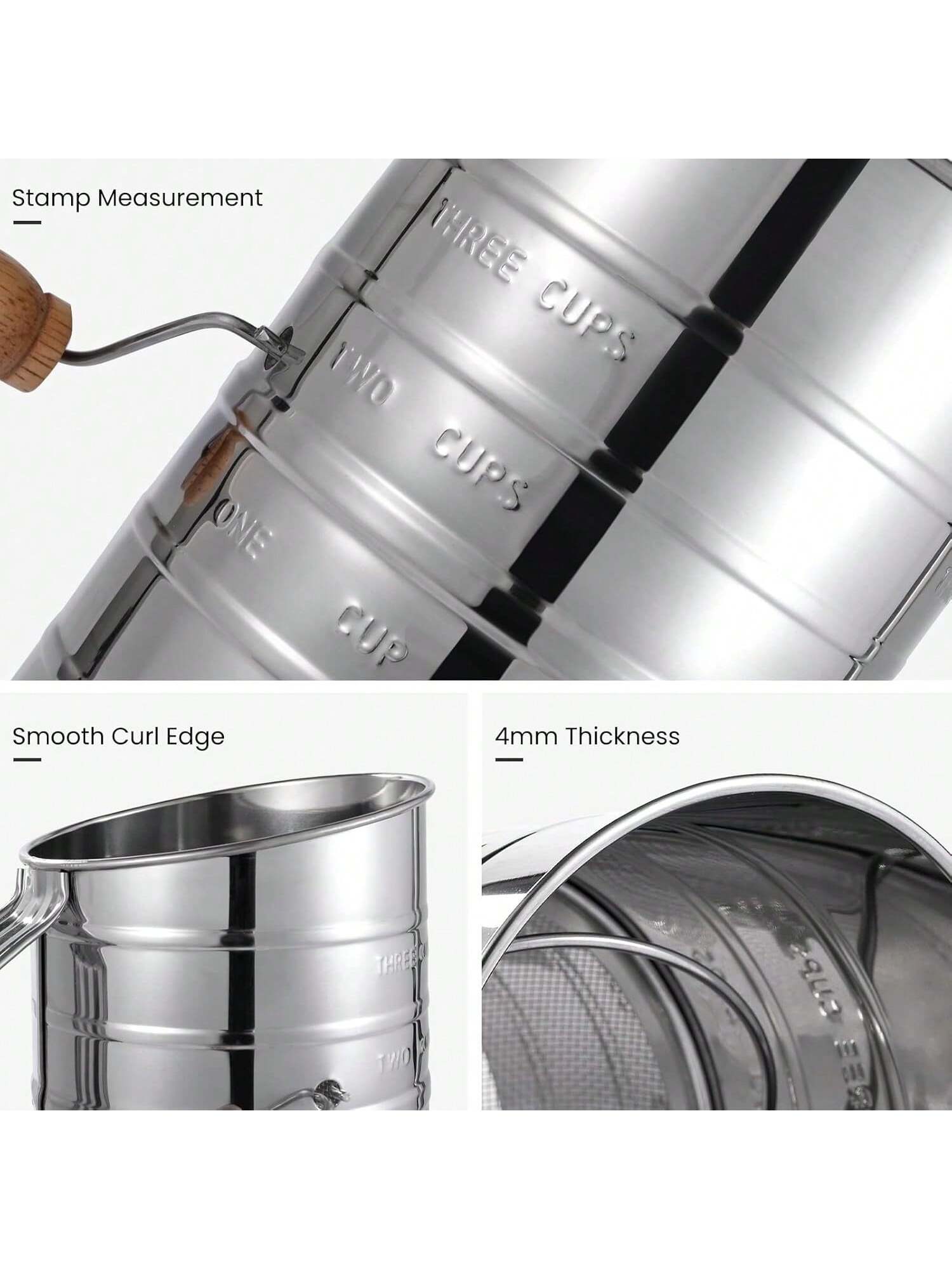 3-Cup Stainless Steel Flour Sifter Rotary Hand Crank for Baking