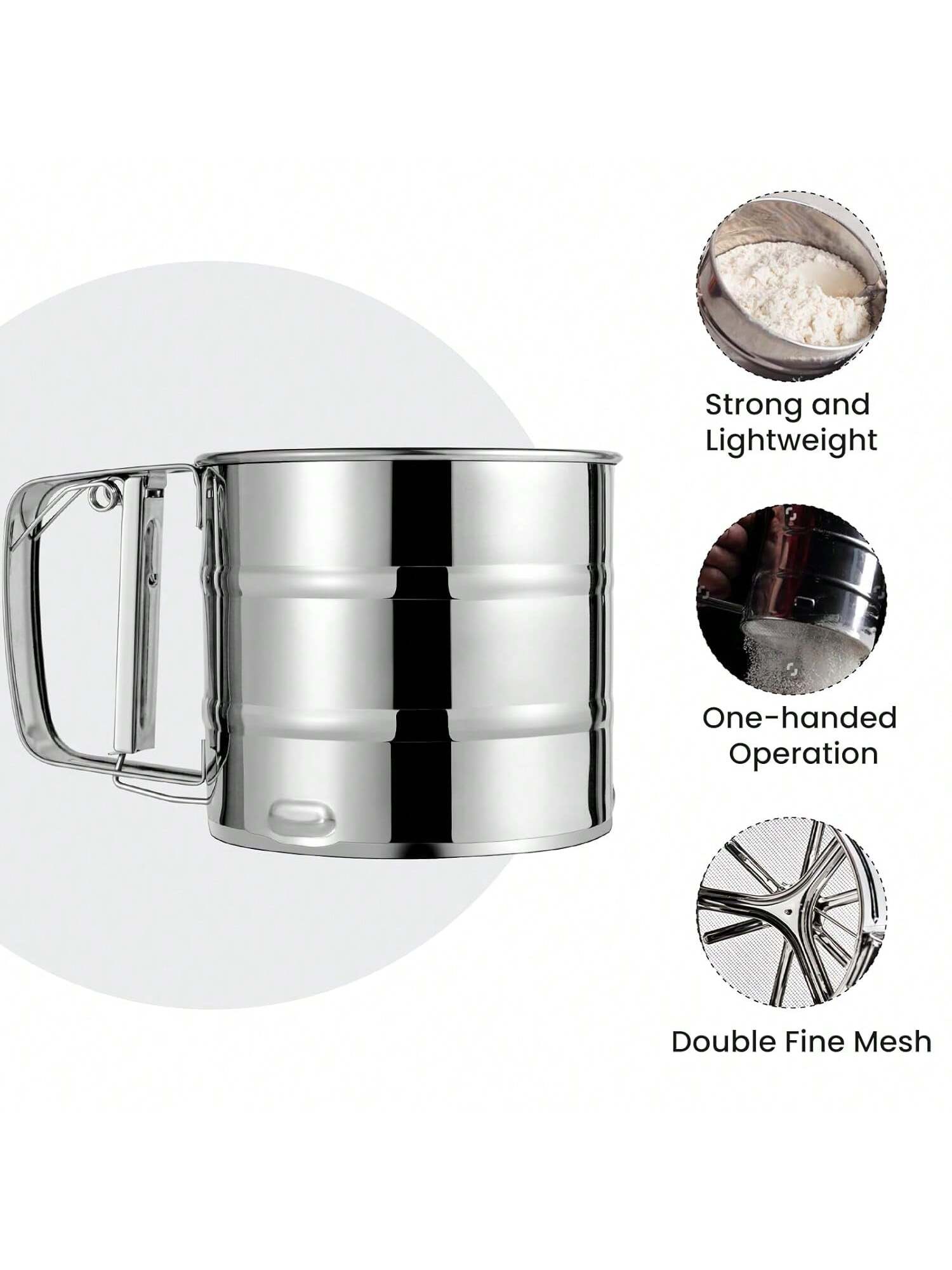 Stainless Steel Flour Sifter Double-Layer Mesh with One-Hand Crank for Baking