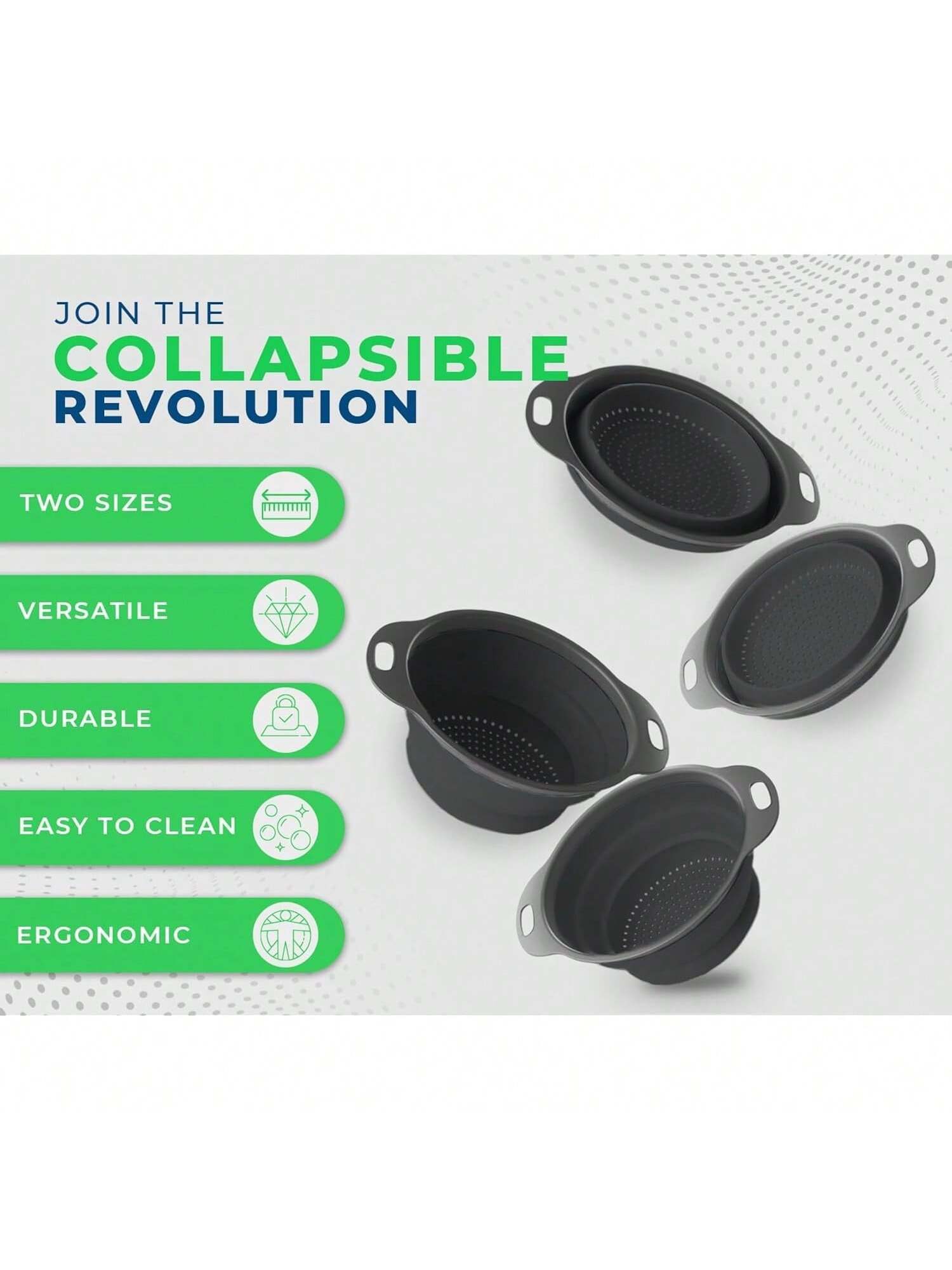 2-Pc Collapsible Silicone Strainer Set for Pasta Veggies Fruits and Camping