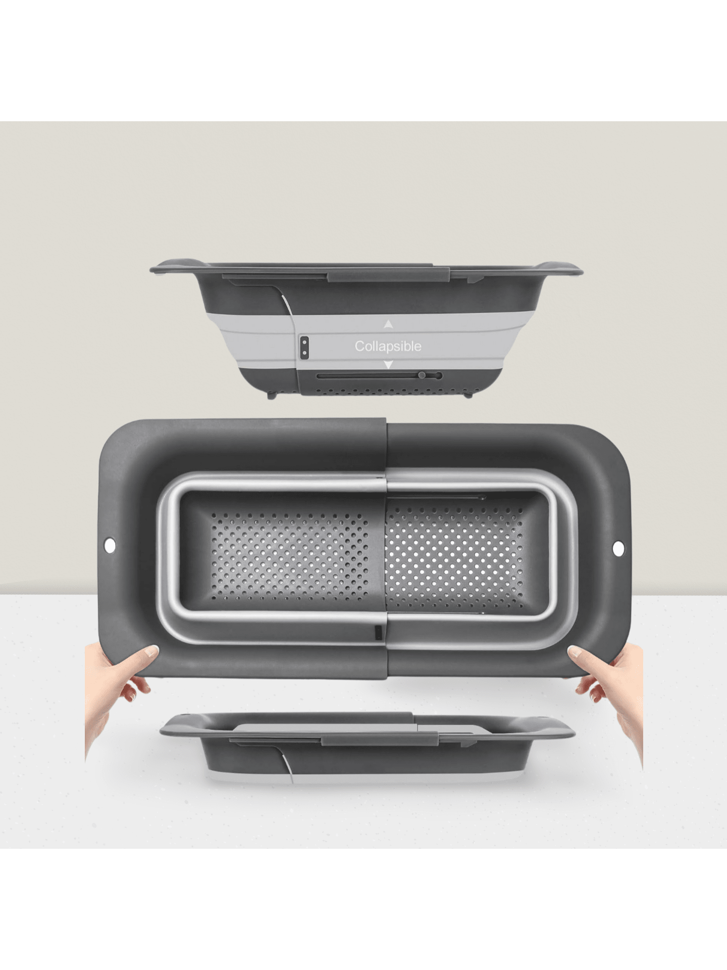Collapsible Silicone Over-Sink Strainer, Adjustable 15"-19.8", Gray, Easy Storage.