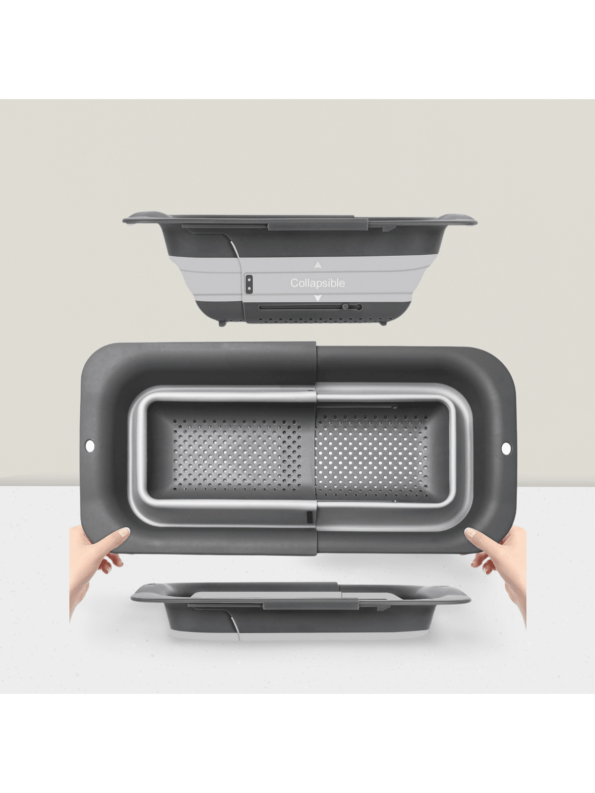 Collapsible Silicone Over-Sink Strainer, Adjustable 15"-19.8", Gray, Easy Storage.