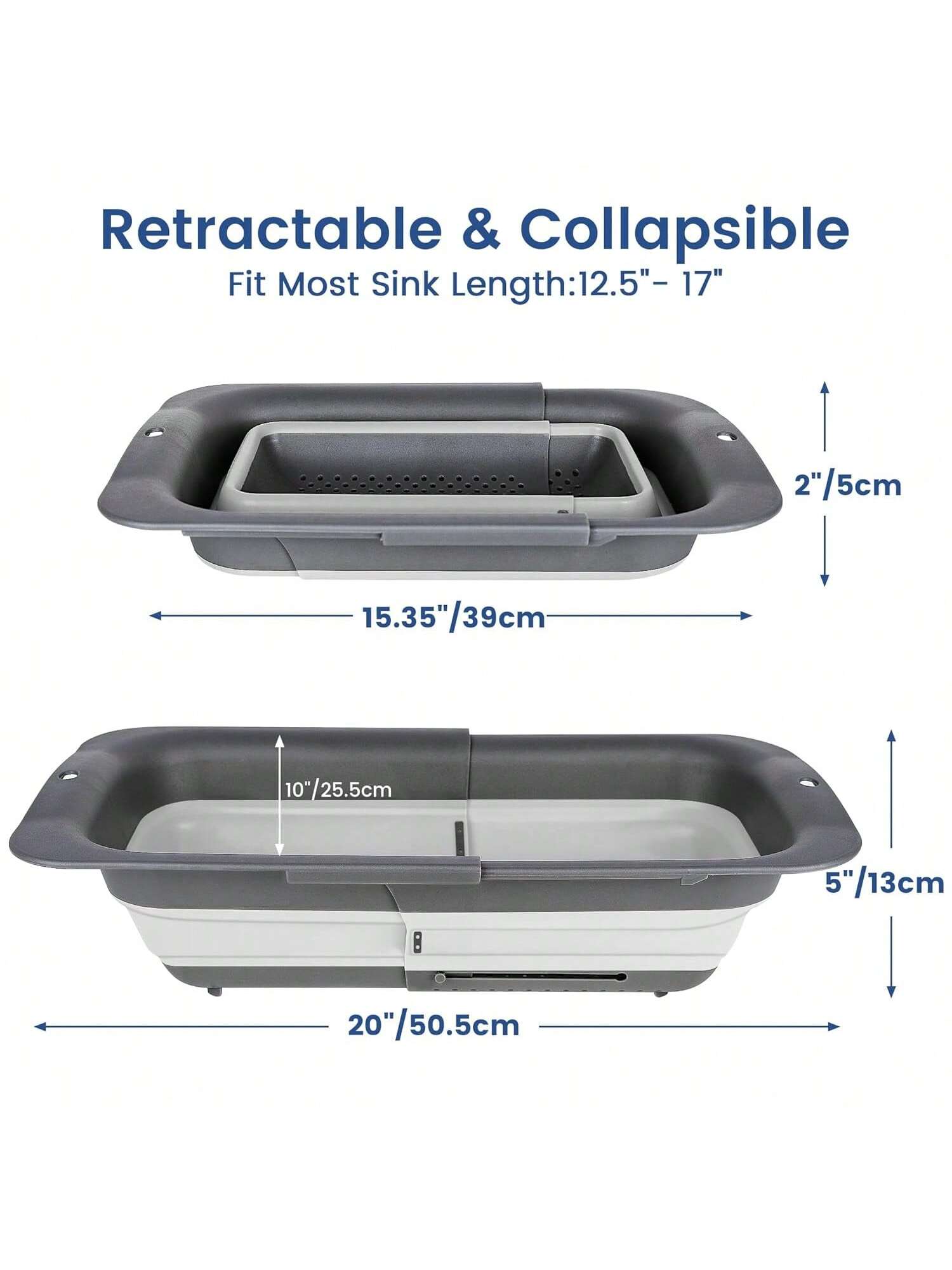Collapsible Silicone Over-Sink Strainer, Adjustable 15"-19.8", Gray, Easy Storage.