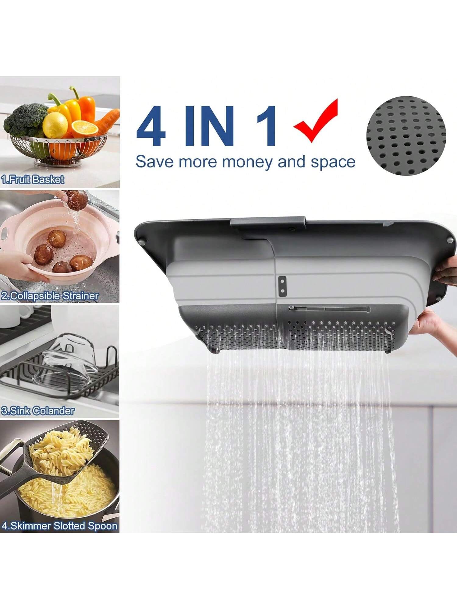 Collapsible Silicone Over-Sink Strainer, Adjustable 15"-19.8", Gray, Easy Storage.