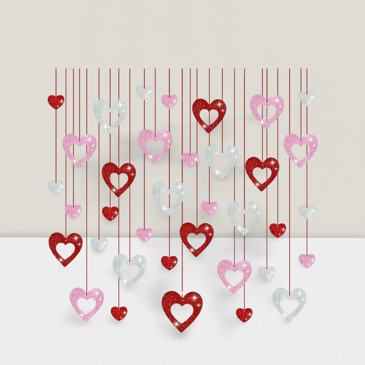 36 pcs Valentine Glitter Heart Hanging Swirls Red Pink Silver Party Decor