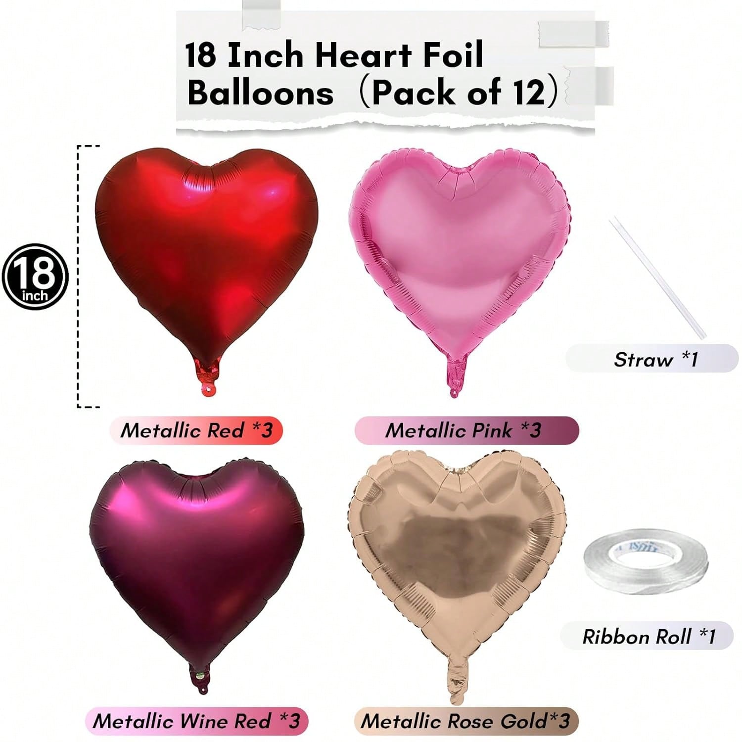 12PCS 18" Heart Foil Balloons for Birthdays Weddings Valentines Anniversaries