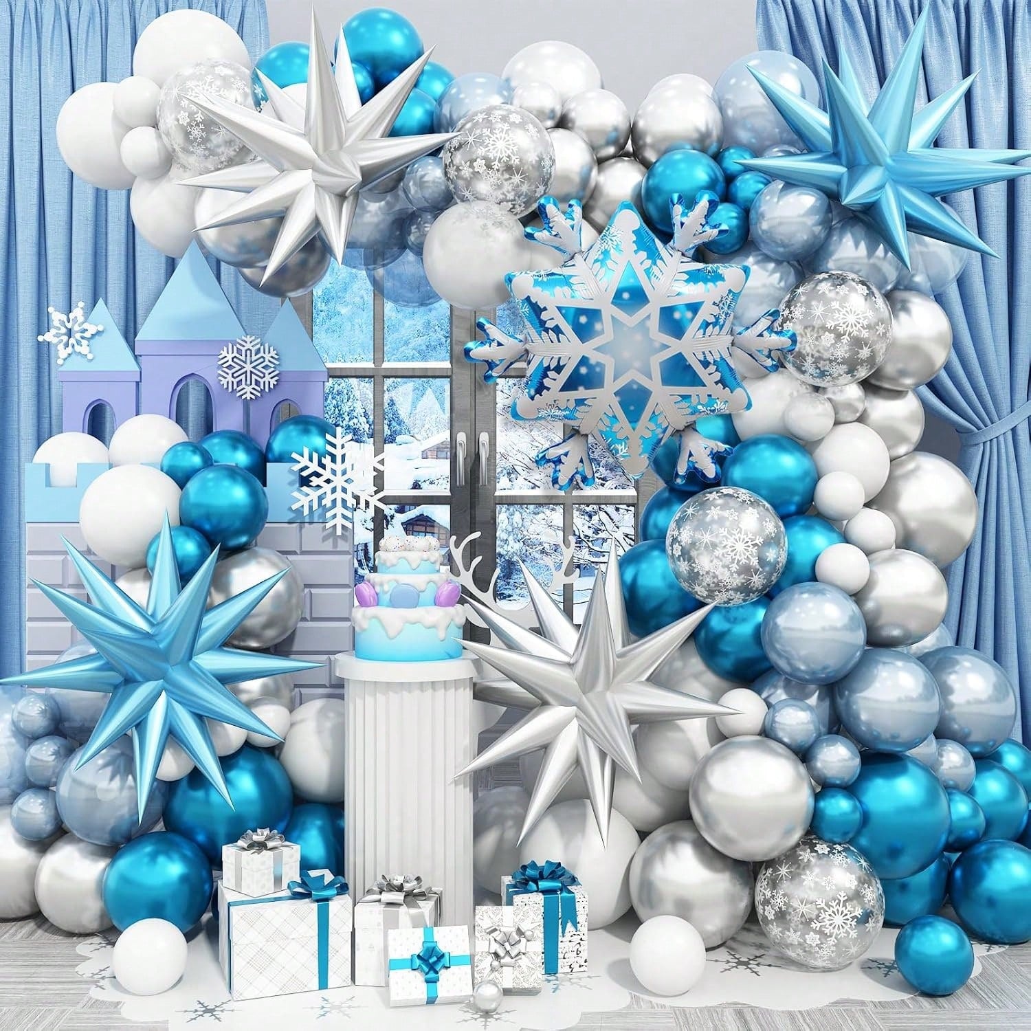 Frozen Balloon Arch Kit with White Silver Blue Balloons and Snowflakes for Winter Parties