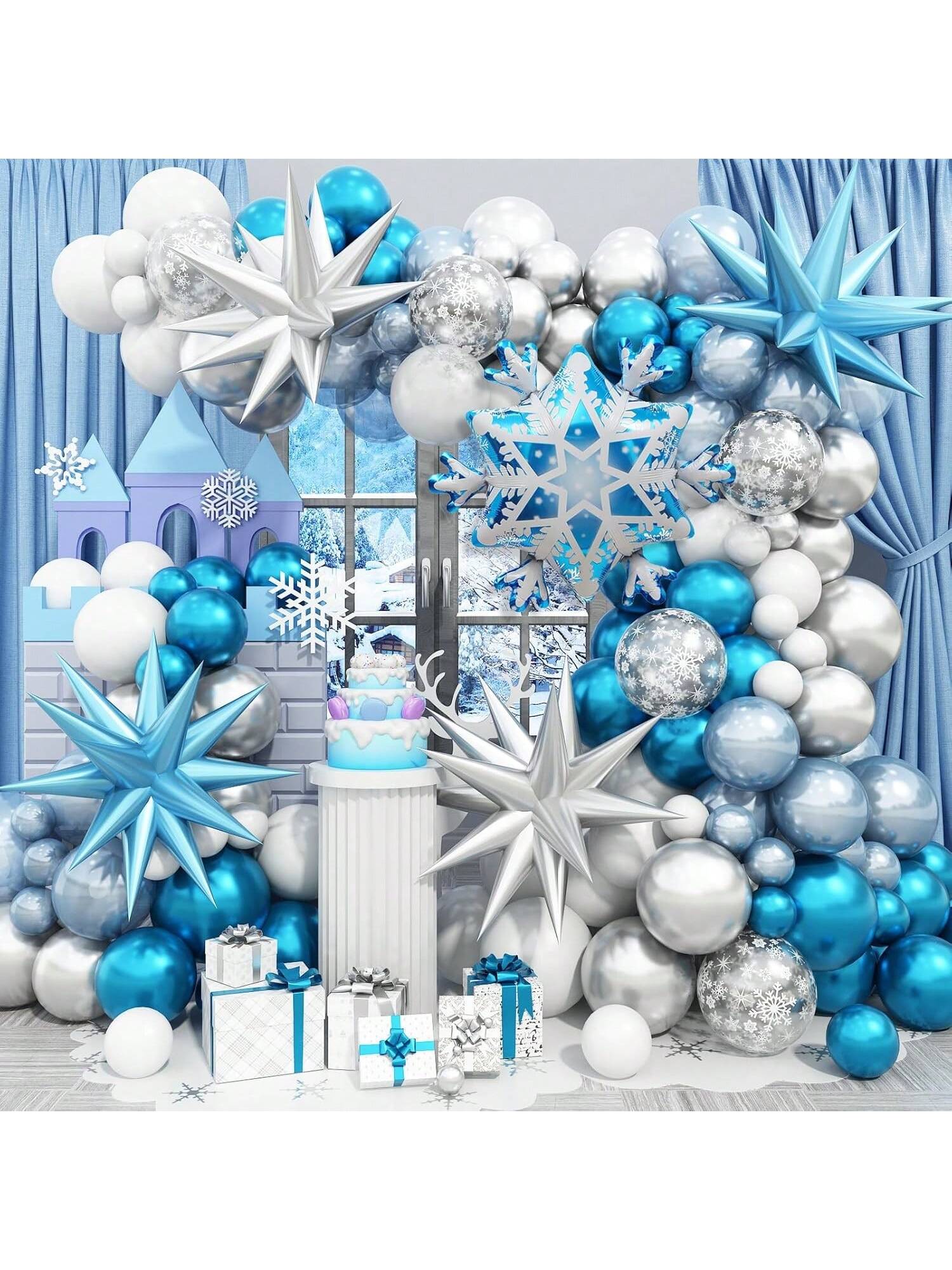 Frozen Balloon Arch Kit with White Silver Blue Balloons and Snowflakes for Winter Parties