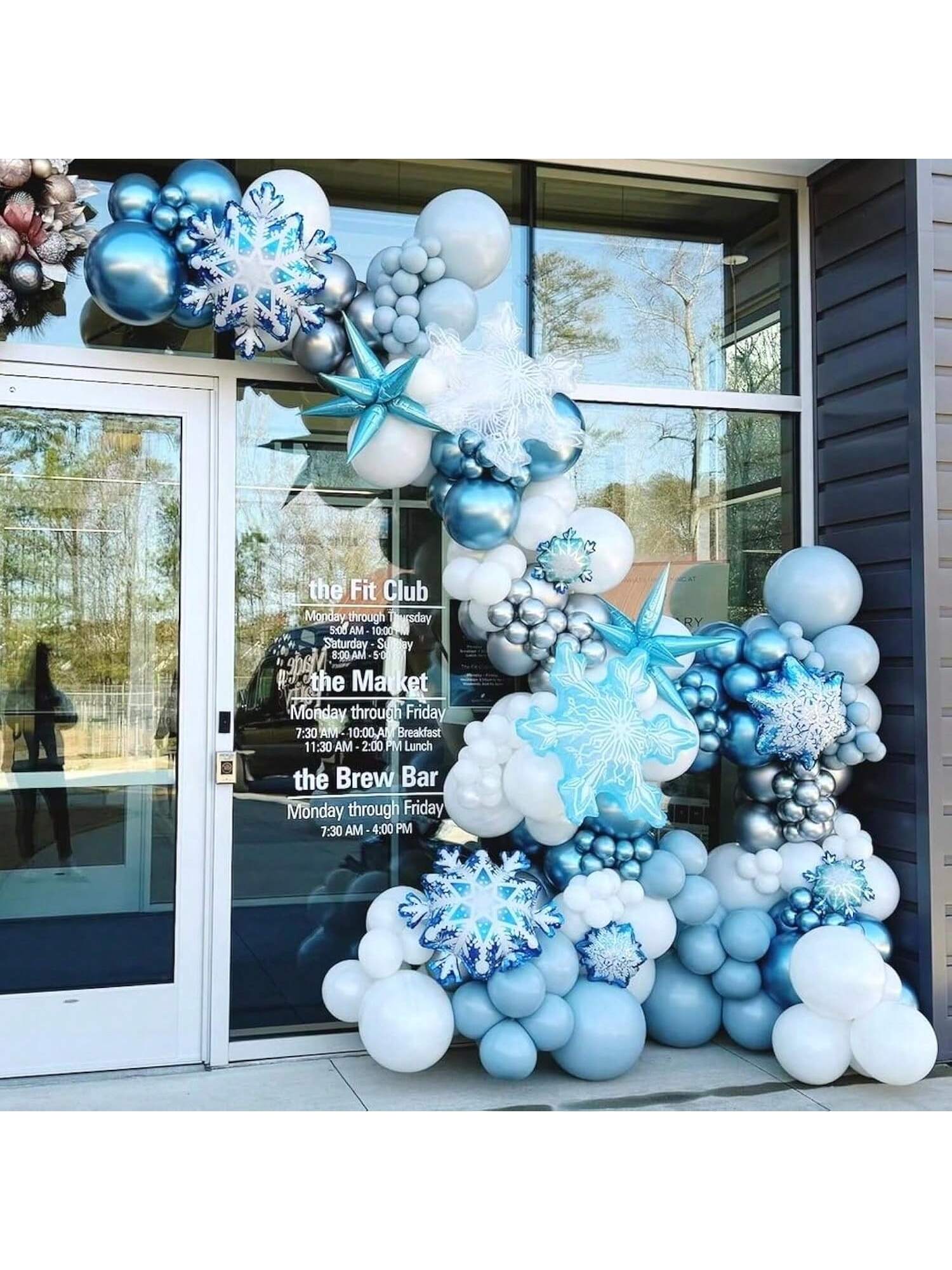 Frozen Balloon Arch Kit with White Silver Blue Balloons and Snowflakes for Winter Parties