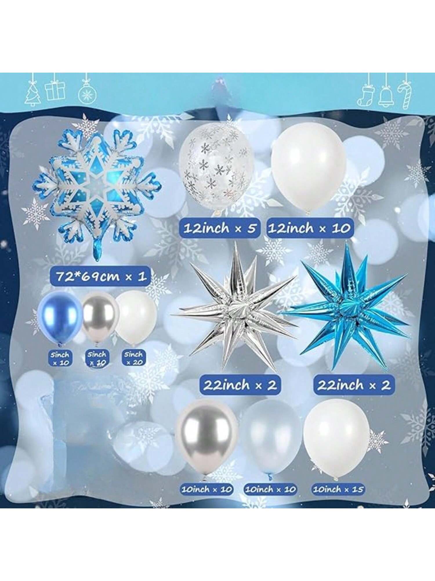 Frozen Balloon Arch Kit with White Silver Blue Balloons and Snowflakes for Winter Parties