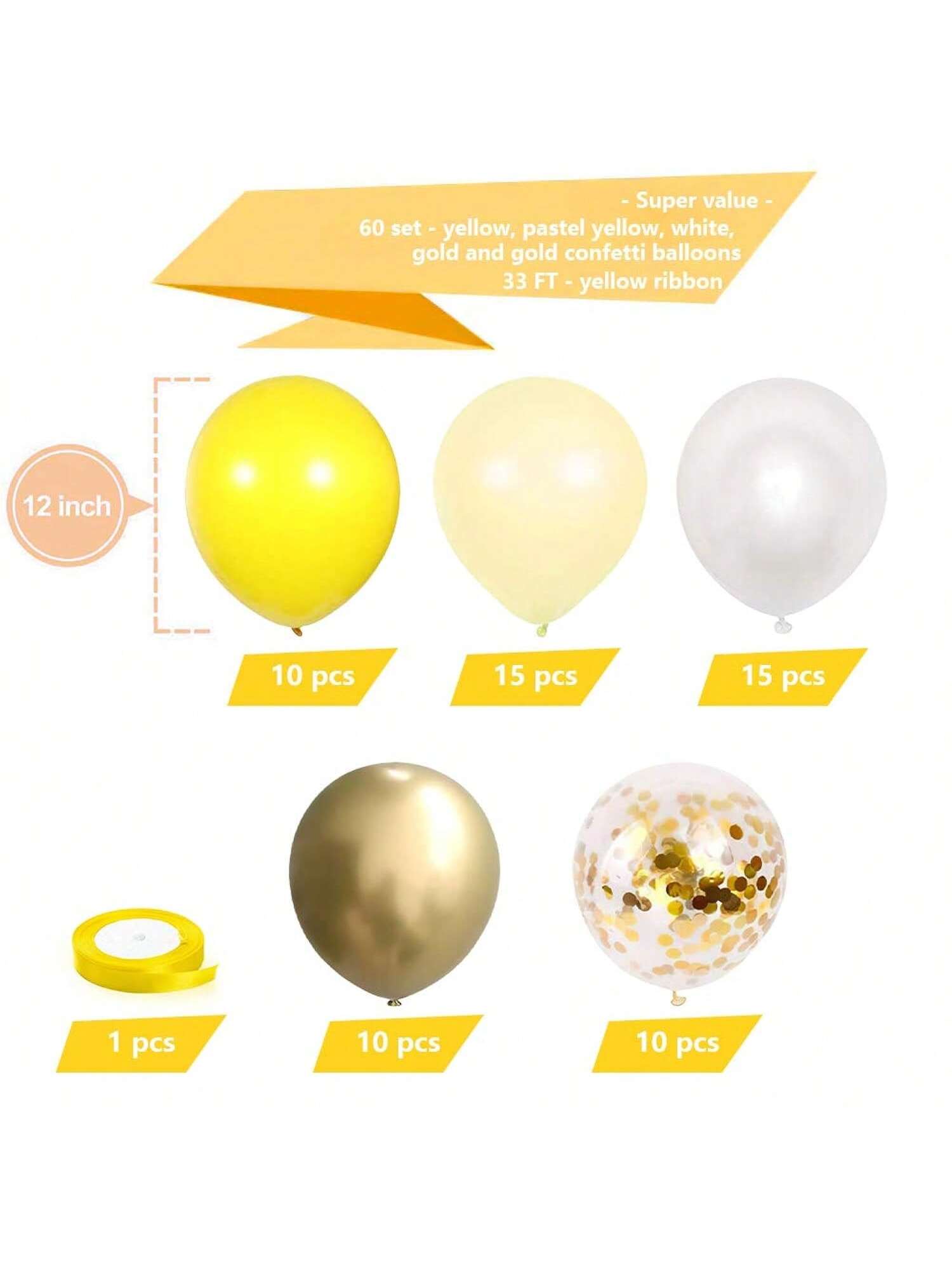 60 Yellow White Gold Confetti 12 Inch Balloons for Sunflower and Wedding Decor