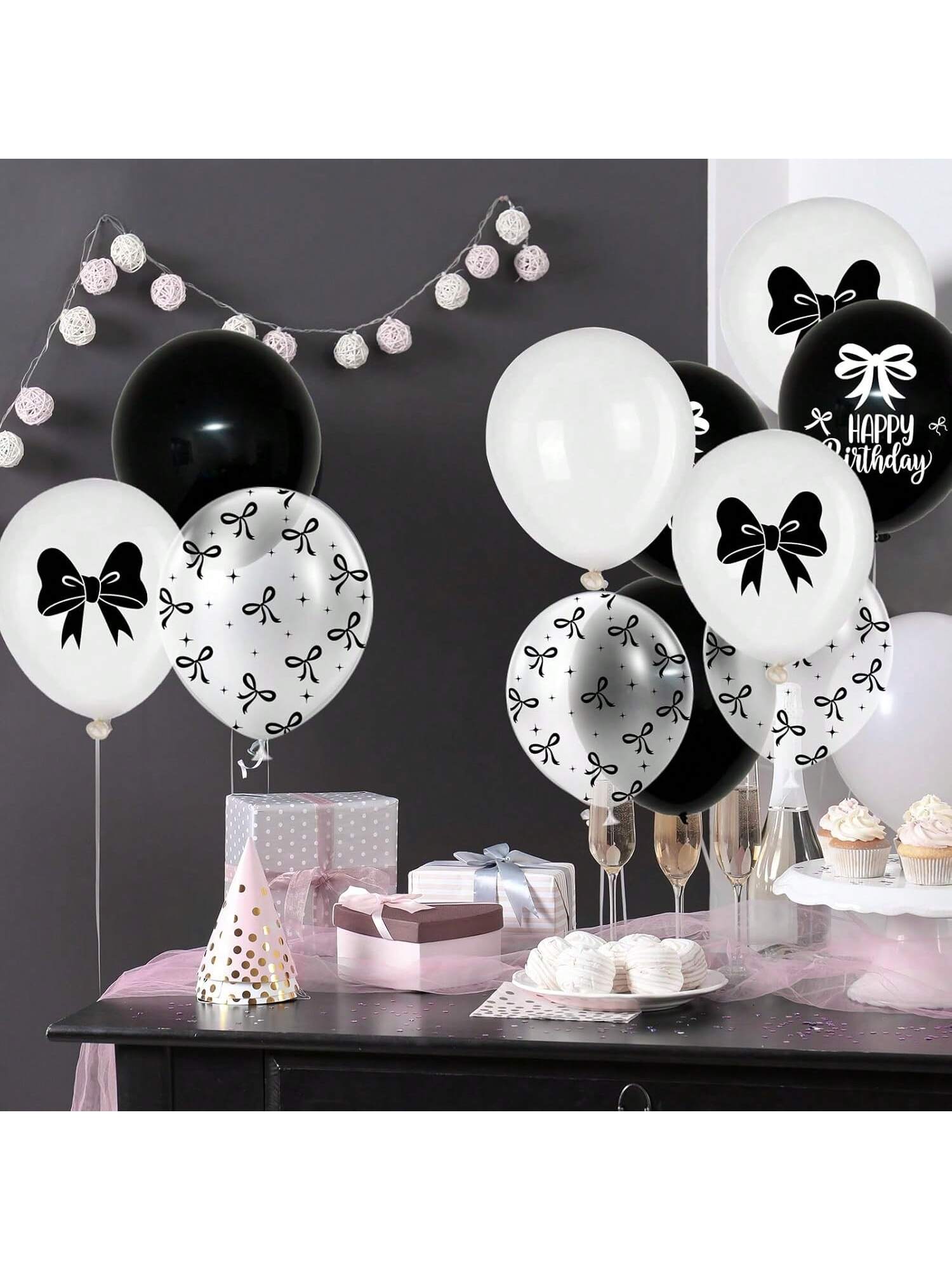 30PCS Black Bow Balloons for Birthday Black White Coquette Party Decor