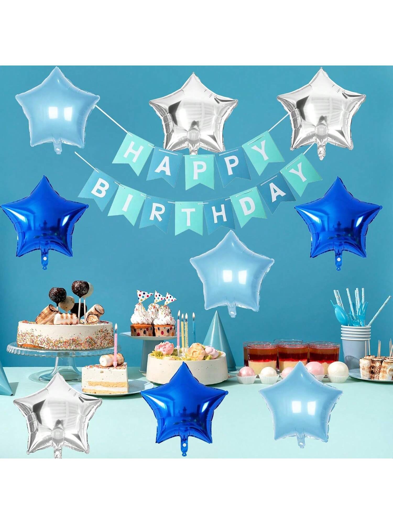12PCS Royal Blue Silver Star Foil Balloons 18 Inch Birthday Graduation Decor