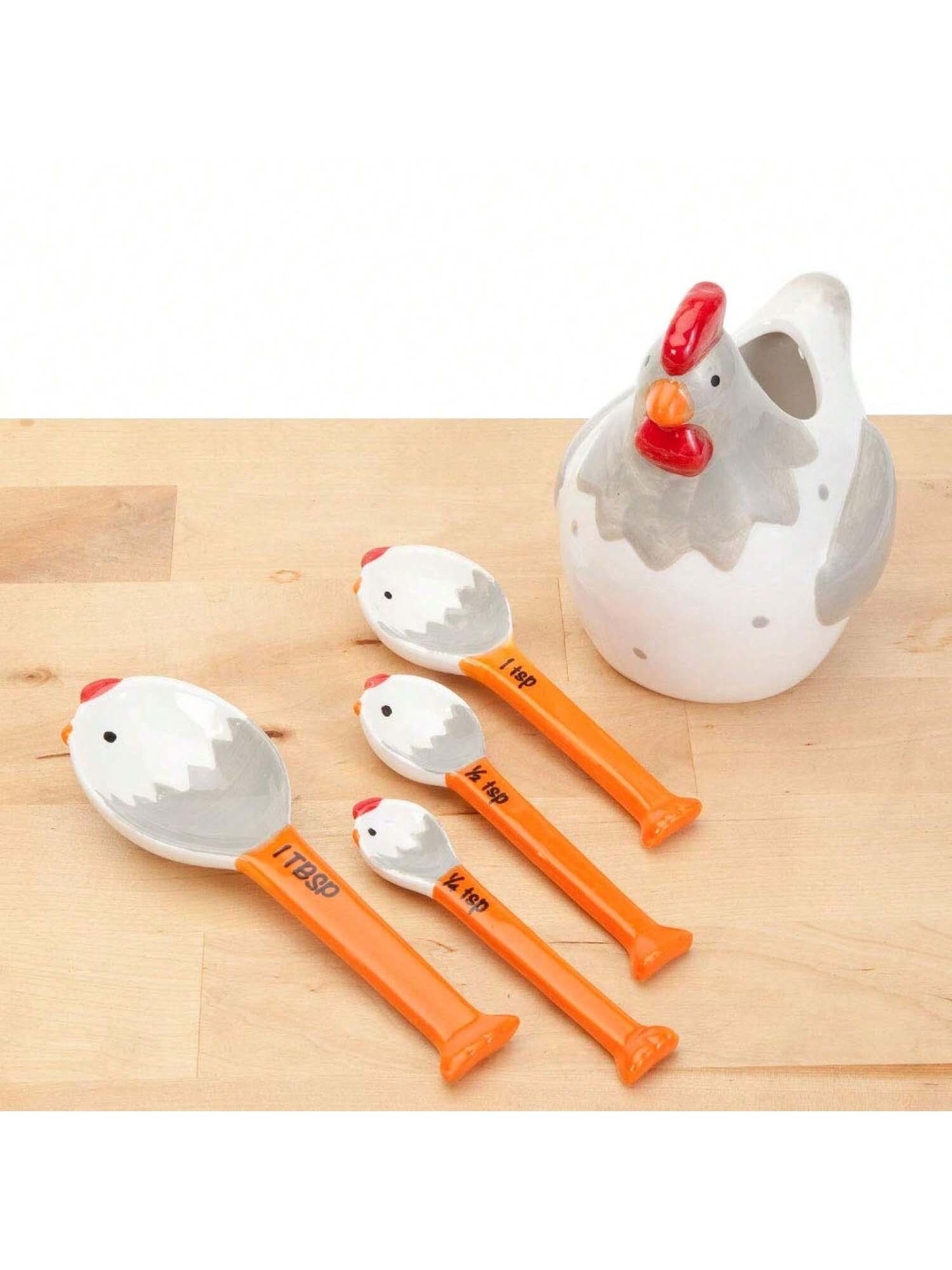 Ceramic Chicken Measuring Spoons Set 4 Whimsical Kitchen Spoons