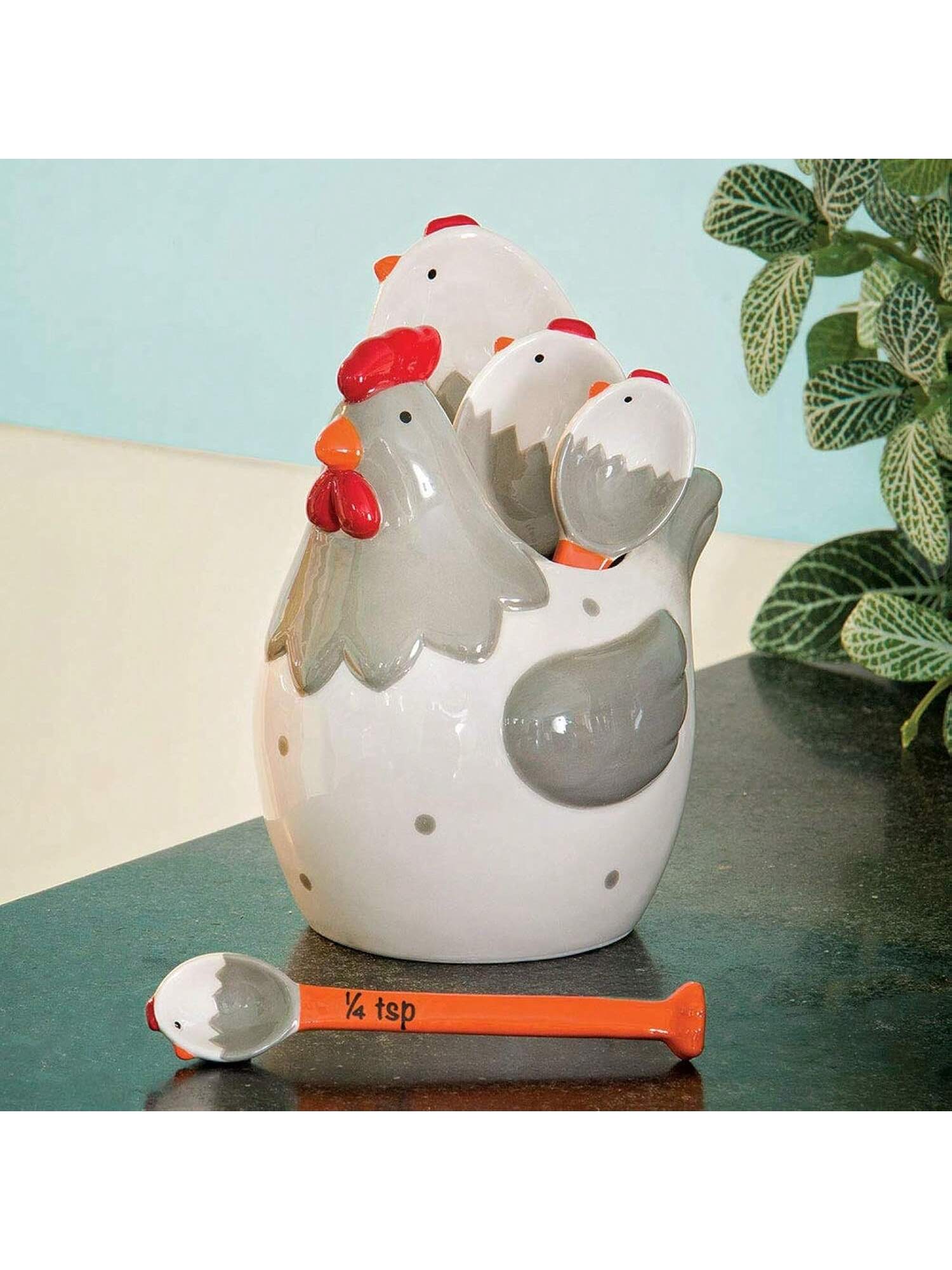 Ceramic Chicken Measuring Spoons Set 4 Whimsical Kitchen Spoons