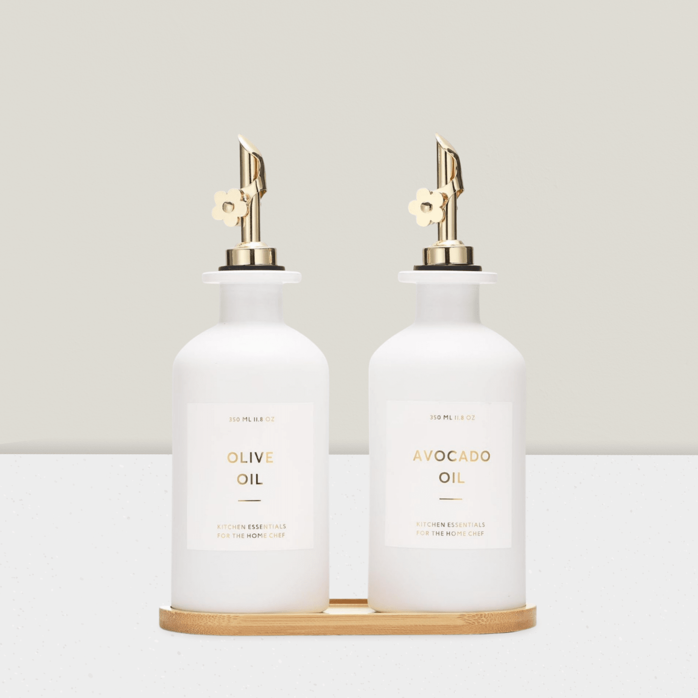 2pcs Glass Olive Oil Vinegar Dispenser Bottles 11.8oz Gold White Design