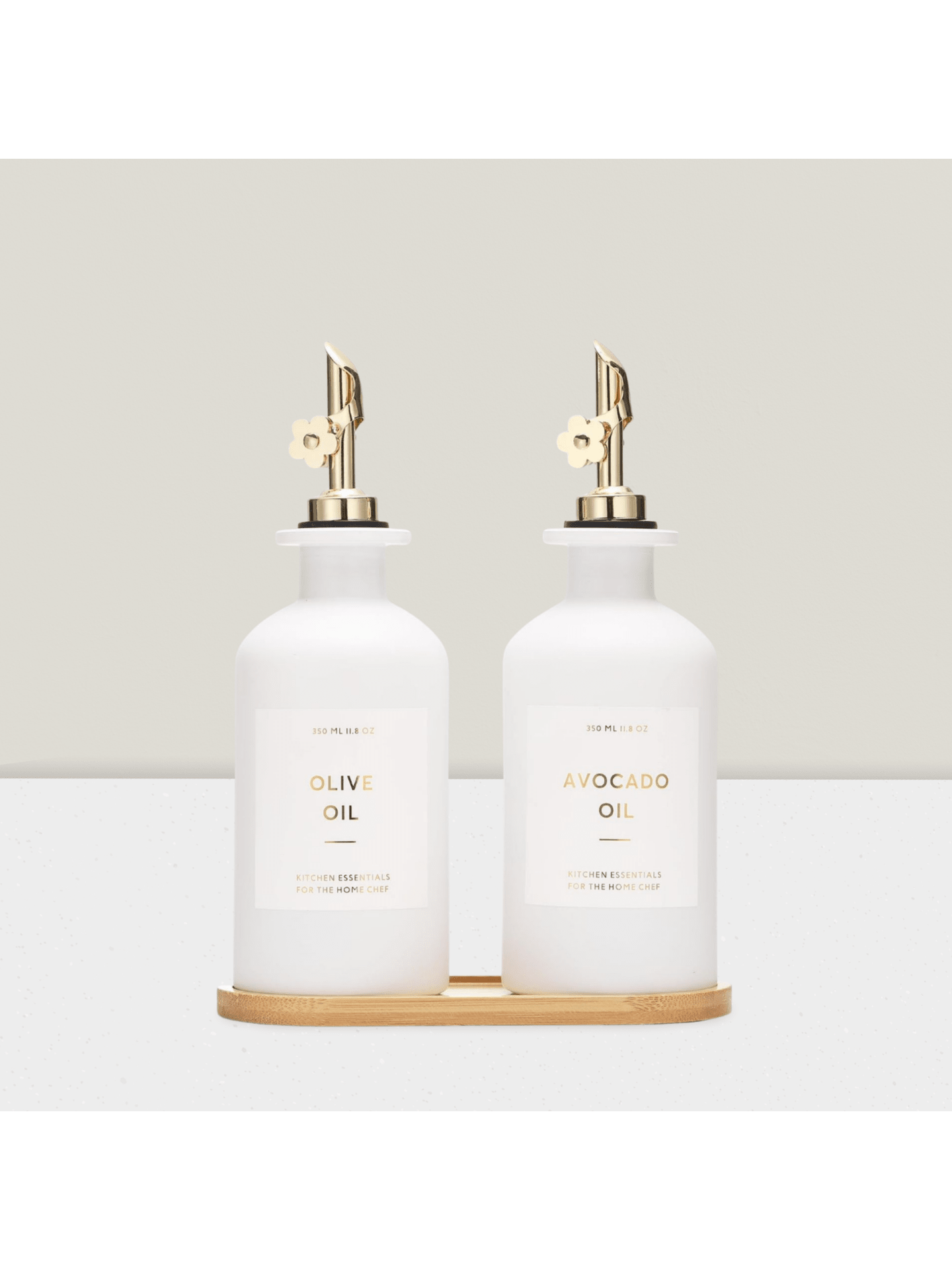 2pcs Glass Olive Oil Vinegar Dispenser Bottles 11.8oz Gold White Design