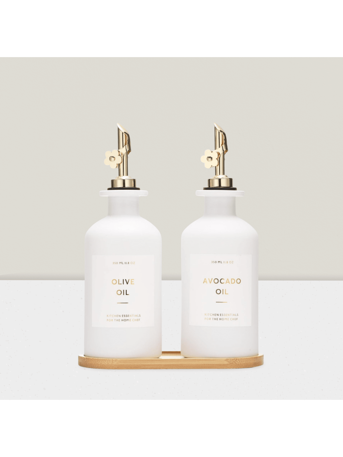 2pcs Glass Olive Oil Vinegar Dispenser Bottles 11.8oz Gold White Design