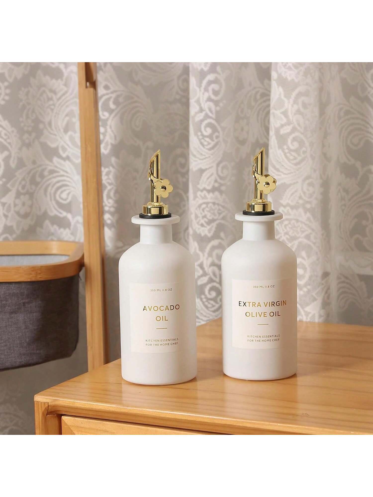 2pcs Glass Olive Oil Vinegar Dispenser Bottles 11.8oz Gold White Design