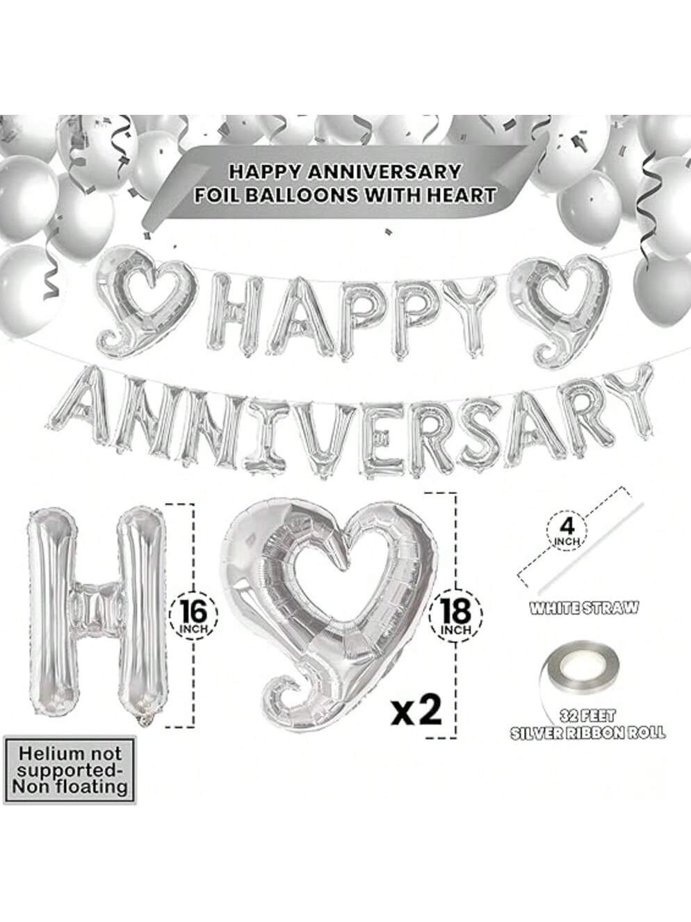 18" Silver Happy Anniversary Balloons with Heart Accents and Banner