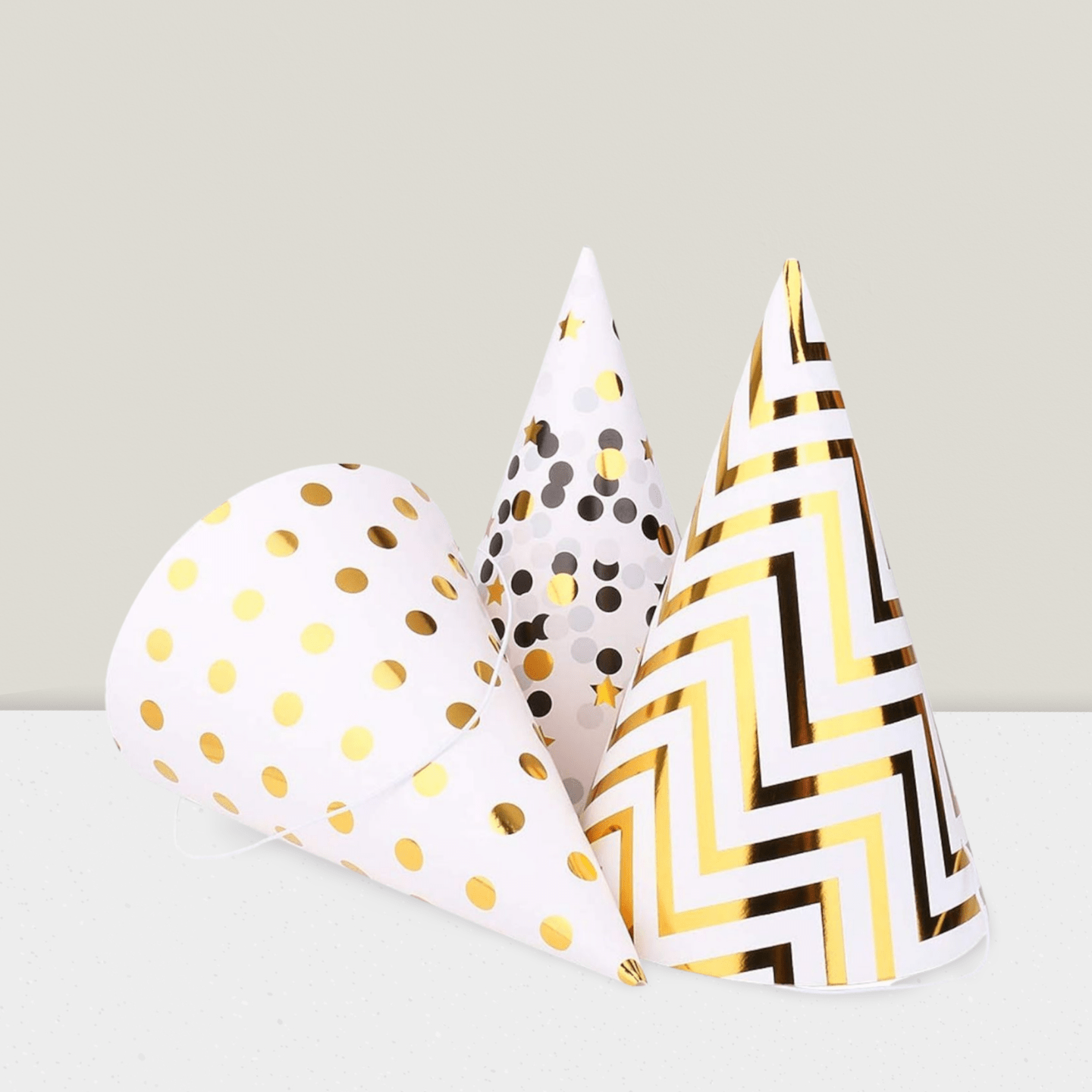 12PCS Party Hats Birthday Cone Set Gold Polka Dot Striped Paper Adults Party Decor