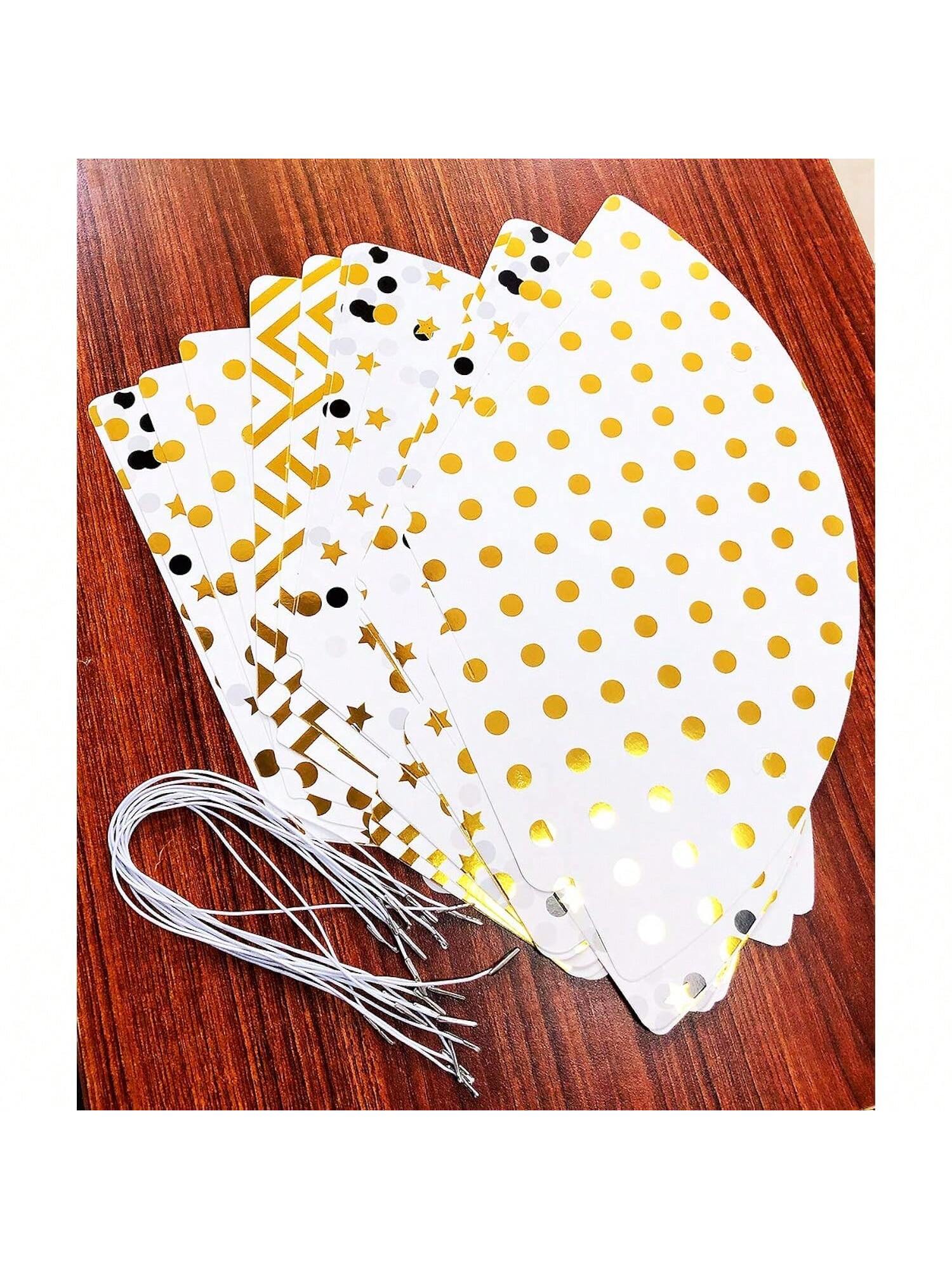 12PCS Party Hats Birthday Cone Set Gold Polka Dot Striped Paper Adults Party Decor
